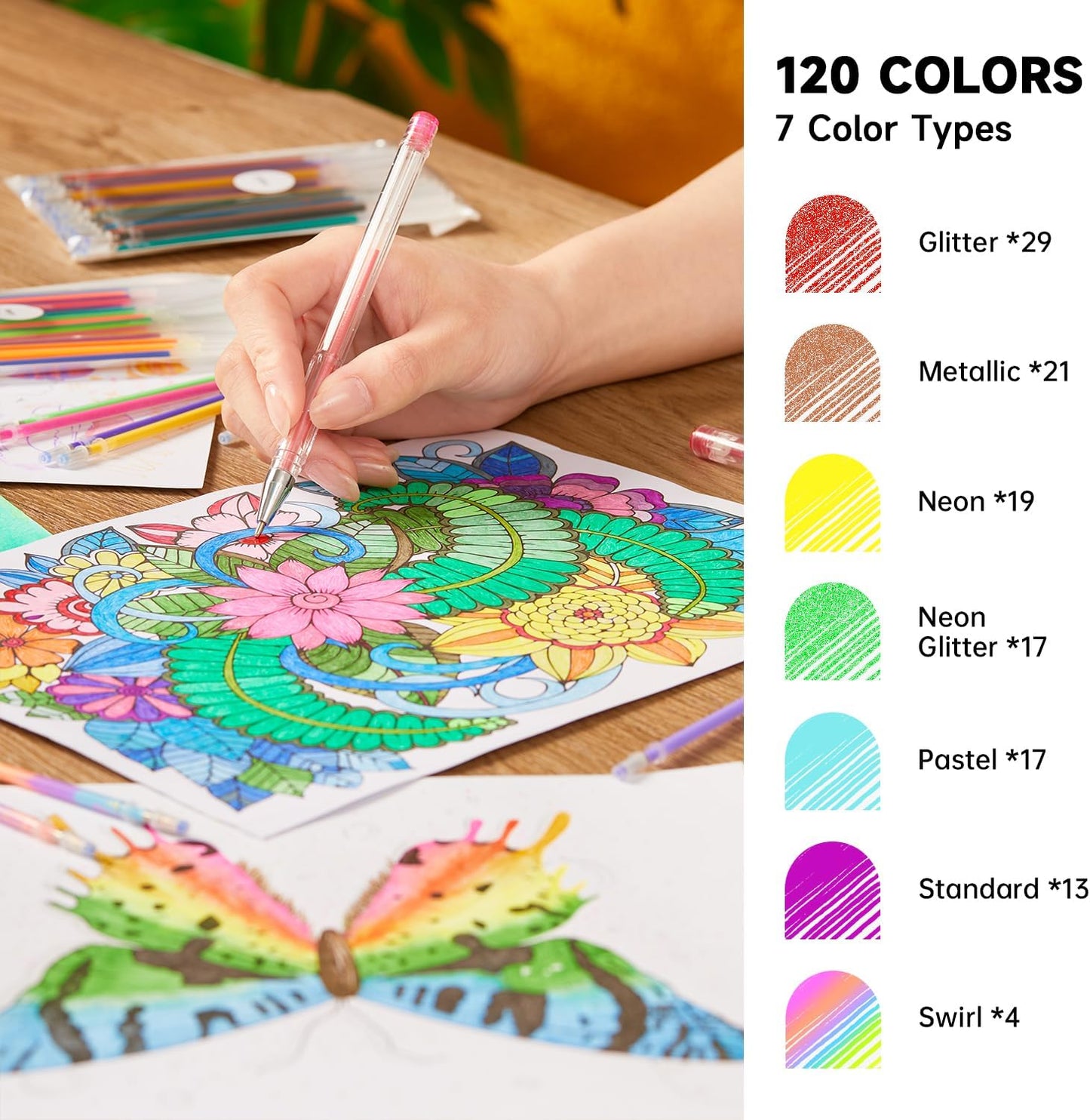 Gel Pen Refills, Shuttle Art 120 Colors (No Duplicates) Gel Pen Refills, 7 Color Types for Kids Adults Coloring Books Drawing Doodling Crafts Scrapbooking Journaling