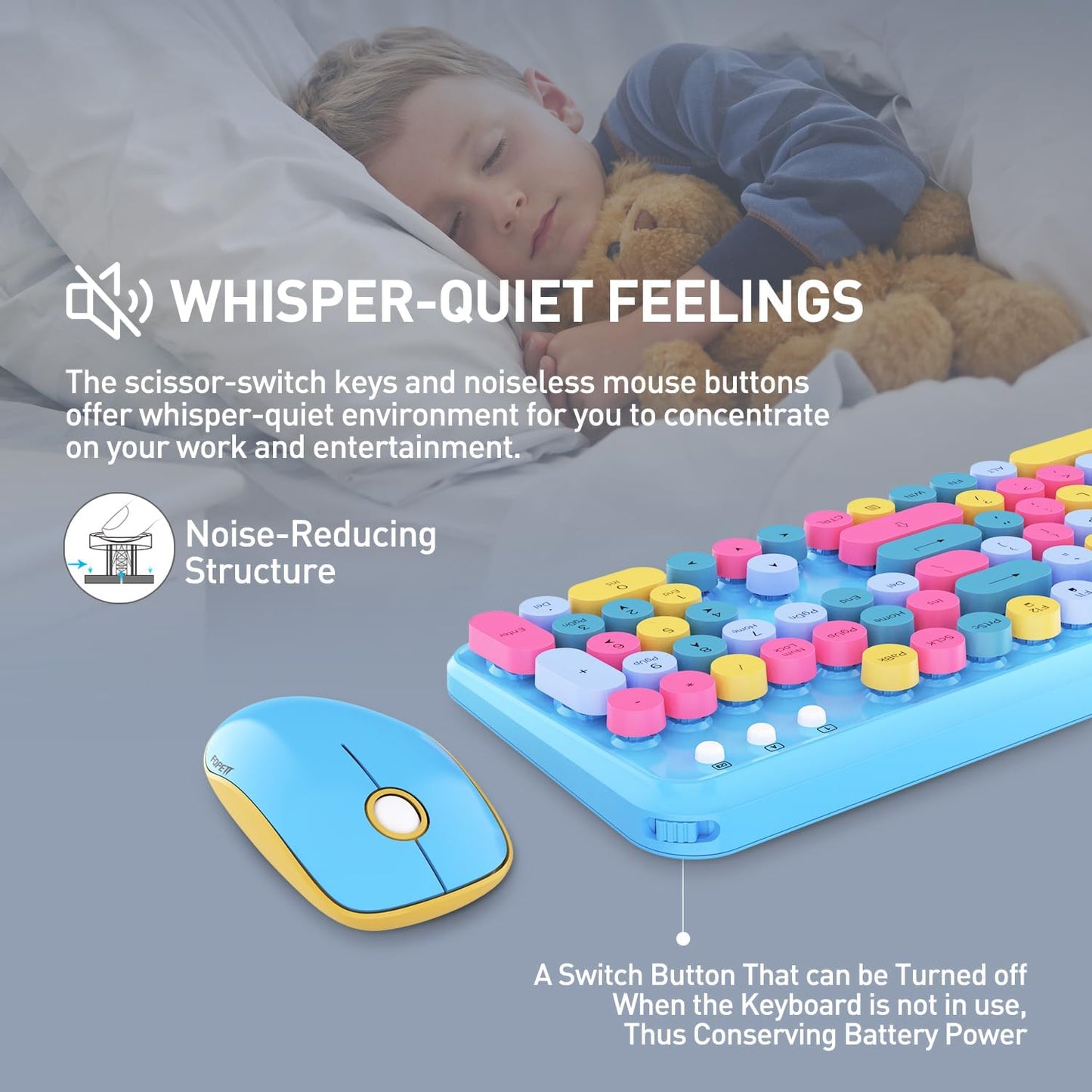 FOPETT 2.4GHz Wireless Keyboard and Mouse Set with Switch Button - Full-Size Keyboard - Compatible for Windows/Laptop/PC/Notebook/Smart TV and More - Blue Colorful