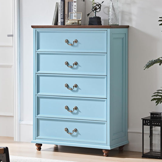Farmhouse 5 Drawer Dresser for Bedroom, 45" Tall Rustic Chests of Drawers w/ 4 Solid Wood Feet, Mid Century Modern Wooden Closet Storage Dressers Organizer for Living Room, Hallway, Light Blue