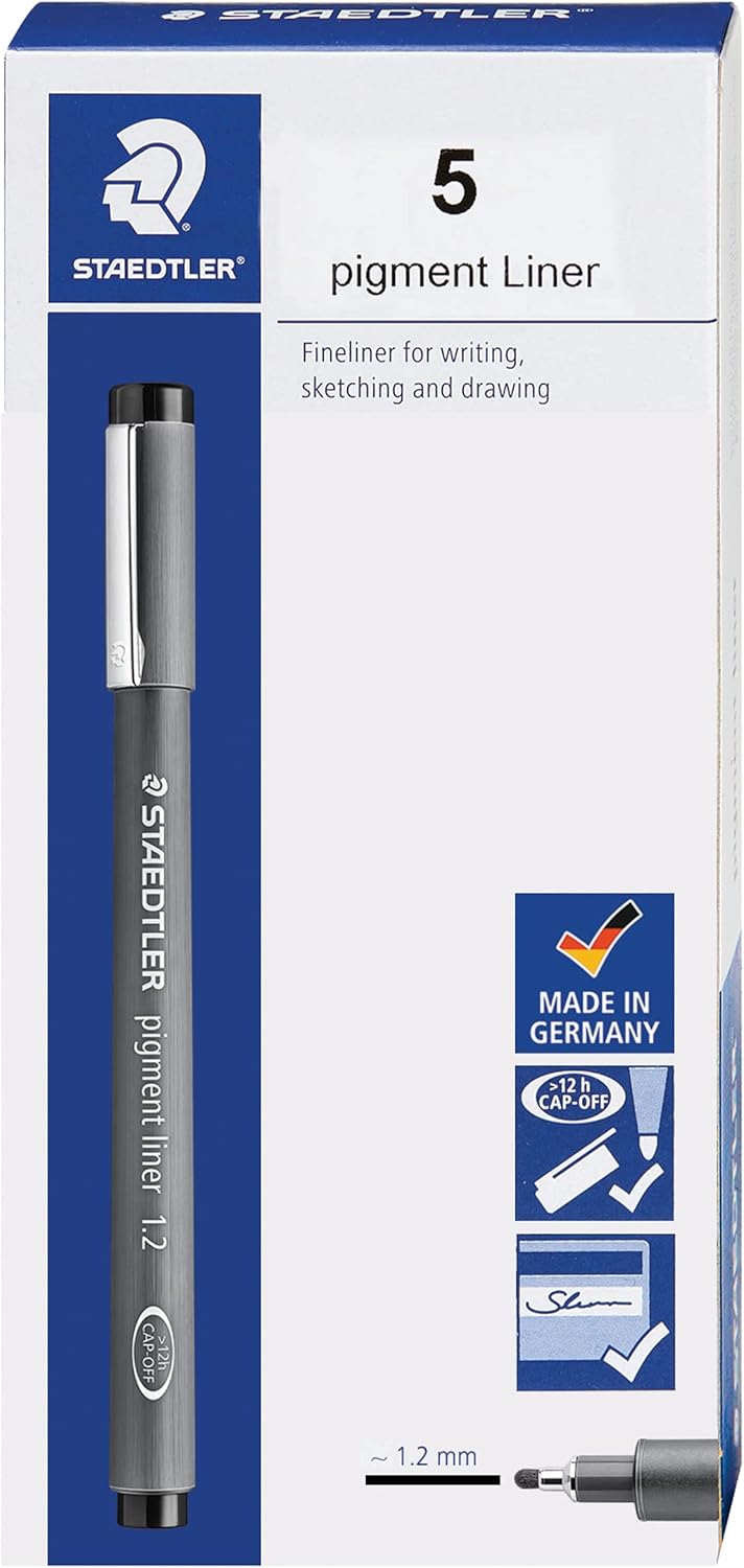 STAEDTLER Pigment Liner, Fineliner Pen for Drawing, Drafting, Journaling, 1.2mm, Black, Box of 5 Pens, 308 12-9M