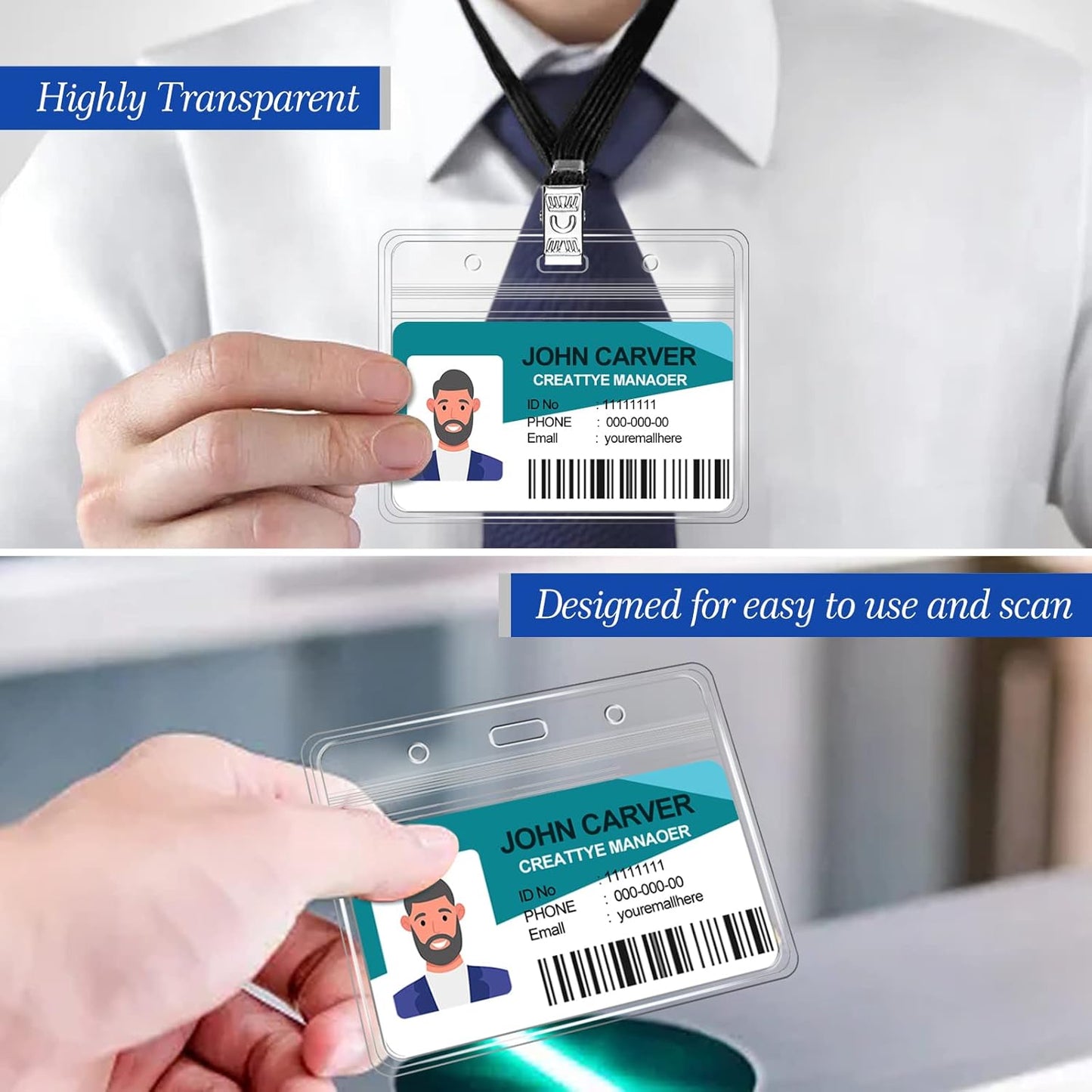 100 Pcs Clear Horizontal Badge Id Card and 100 Pcs Lanyard, Reusable Lanyards for Id Badge Holder Name Tag Badge Holder with Lanyards for Adults Kids Business School Conferences (Black)