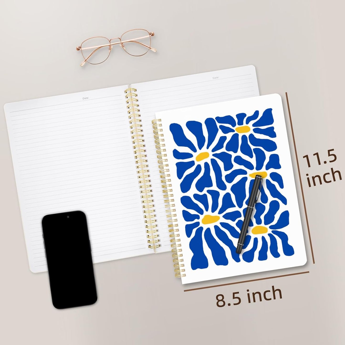 Cute Spiral Notebook journal A4 Aesthetic Pretty Design for Women Girls Kawaii with Pocket, 8.5 x 11 inch, Lined, Blue Flower