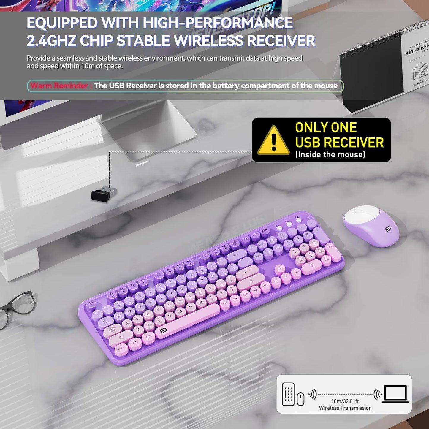 FD Wireless Keyboard and Mouse Combo - 2.4G Full-Sized Cute Colorful Mouse and Keyboard with 104 Round Keys Retro Typewriter Keyboards for Laptop/Windows/PC - Purple Gradient