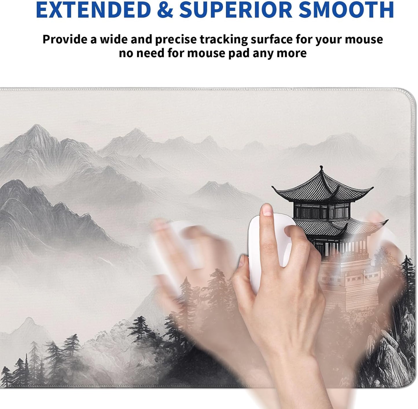 Pagoda Mouse Pad Abstract Cherry Blossom Watercolor Mouse Pad 31.5x11.8 Inch Texture Non-Slip Rubber Base Large Mousepad Stitched Edges Keyboard Mouse Mat Desk Pad for Office