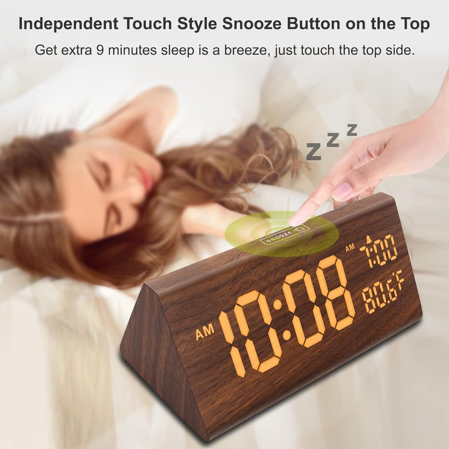 DreamSky Wooden Digital Alarm Clock for Bedroom - 7.7" Electric Clocks with USB Port, Large Numbers, Temperature, 0-100% Brightness Dimmer, Adjustable Alarm Volume, Snooze, 12/24H