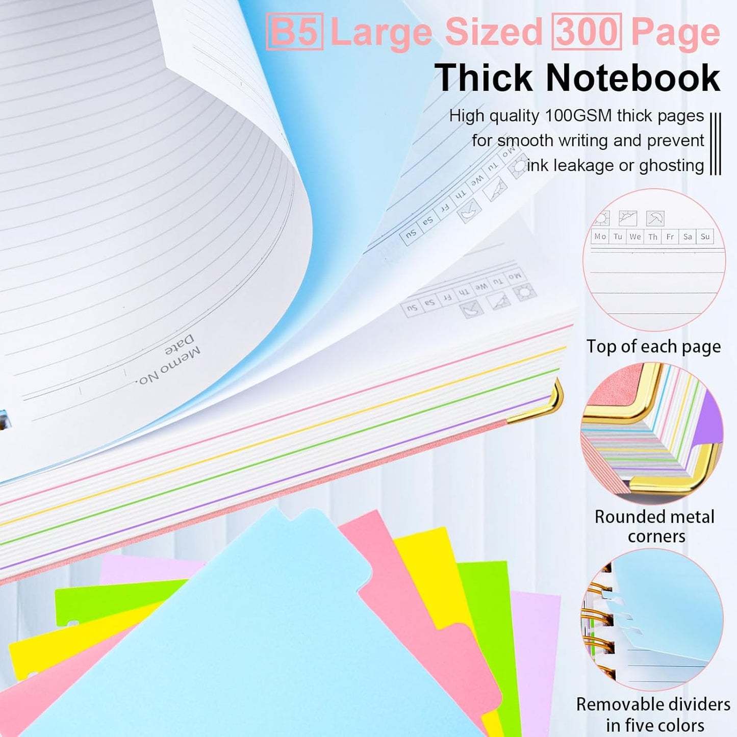 Hardcover Spiral Notebook 8"x10" Journal Notebook with Tabs and Removable Dividers 300 Pages 5 Subject Notebook College Ruled, Faux Leather Spiral Bound Notebook for Women, Students, School Work (Pink)