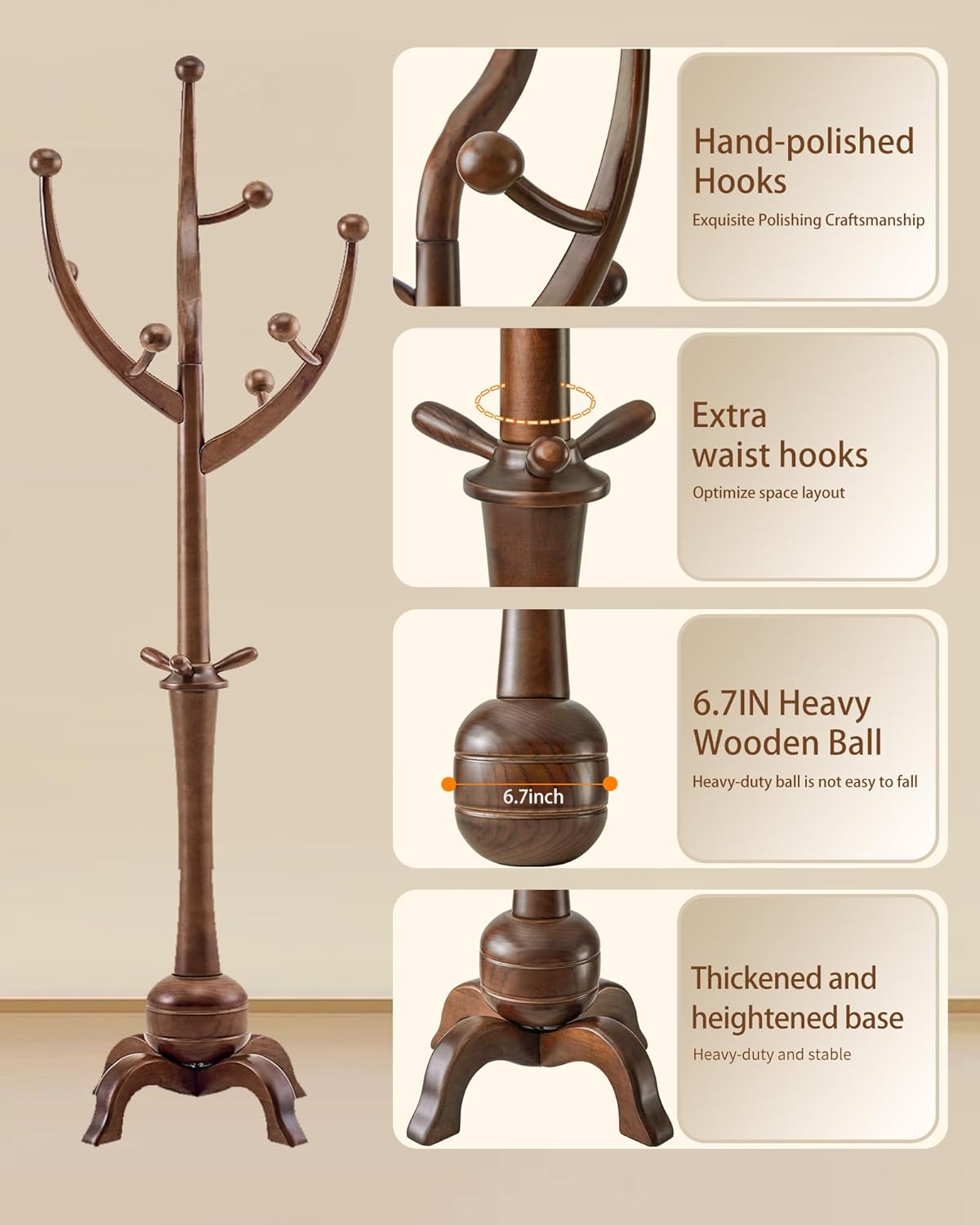 EZIVIEZ Wooden Coat Rack Stand, Solid Wood Freestanding Coat Rack with 11 Hooks, Creative Design Tree Branch-look Coat Racks,Walnut Brown Standing Coat Hanger Jacket Tree Stand for Office, Entryway