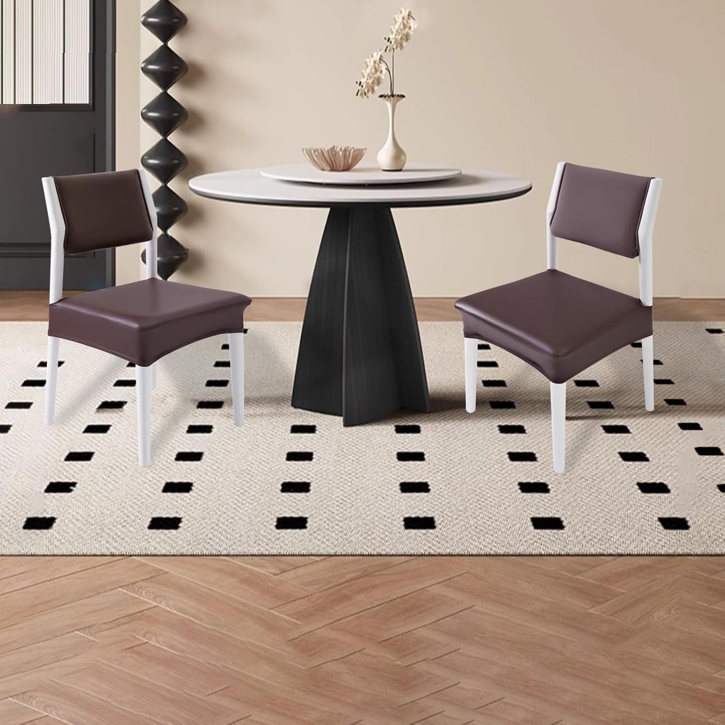 CWK Waterproof PU Leather Dining Chair Covers Set of 6 - Stretchable Chair Seat Slipcovers, Removable & Washable Protector for Dining Room,Home,Office,Wedding,Rear Covers (PU-Coffee)