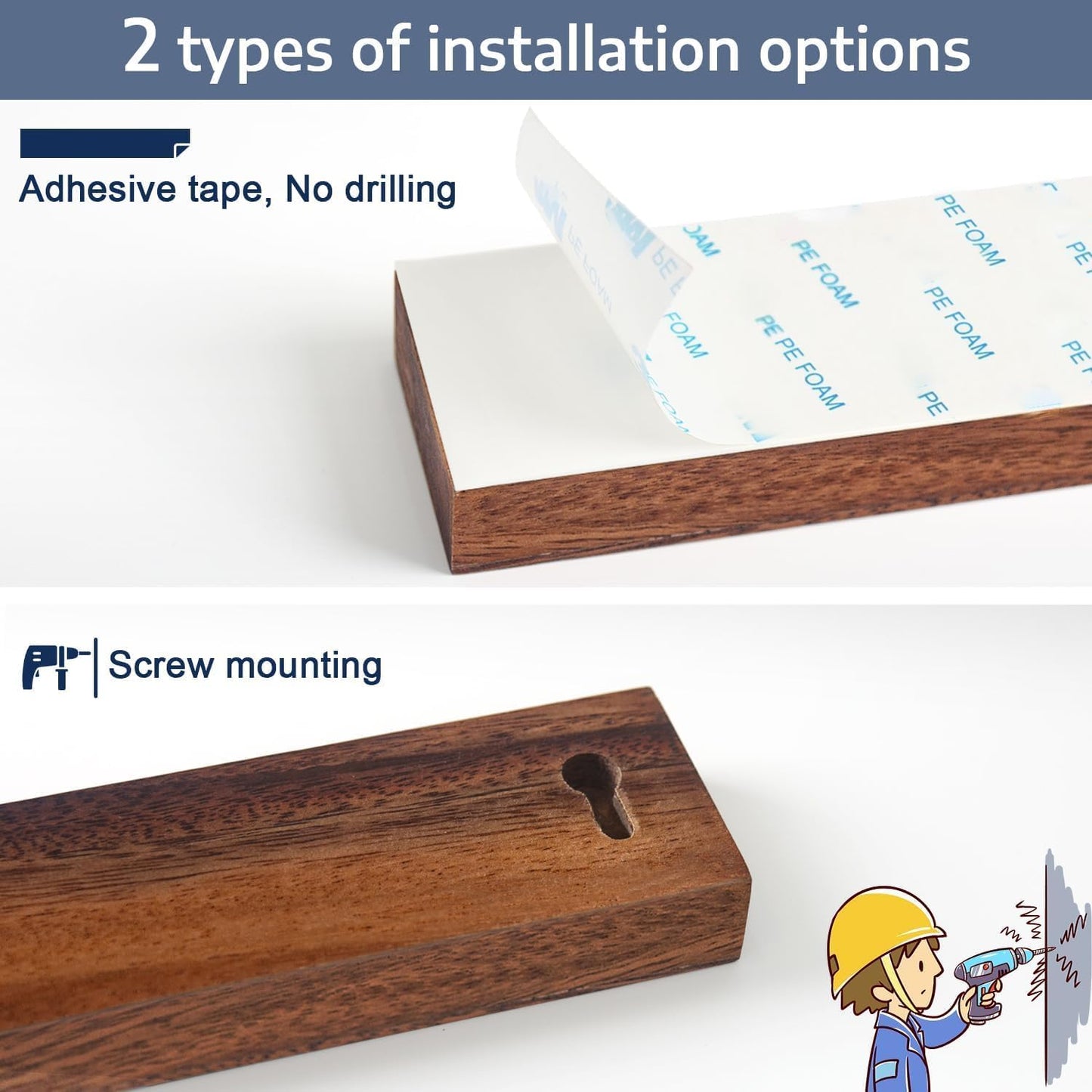 Dmore magnetic knife holder for wall—with 2 hooks, No Drilling 20 Inch walnut knife magnetic strip, Powerful knife magnet rack, include Adhesive Tape and screws for Knives, Utensils, and Tools