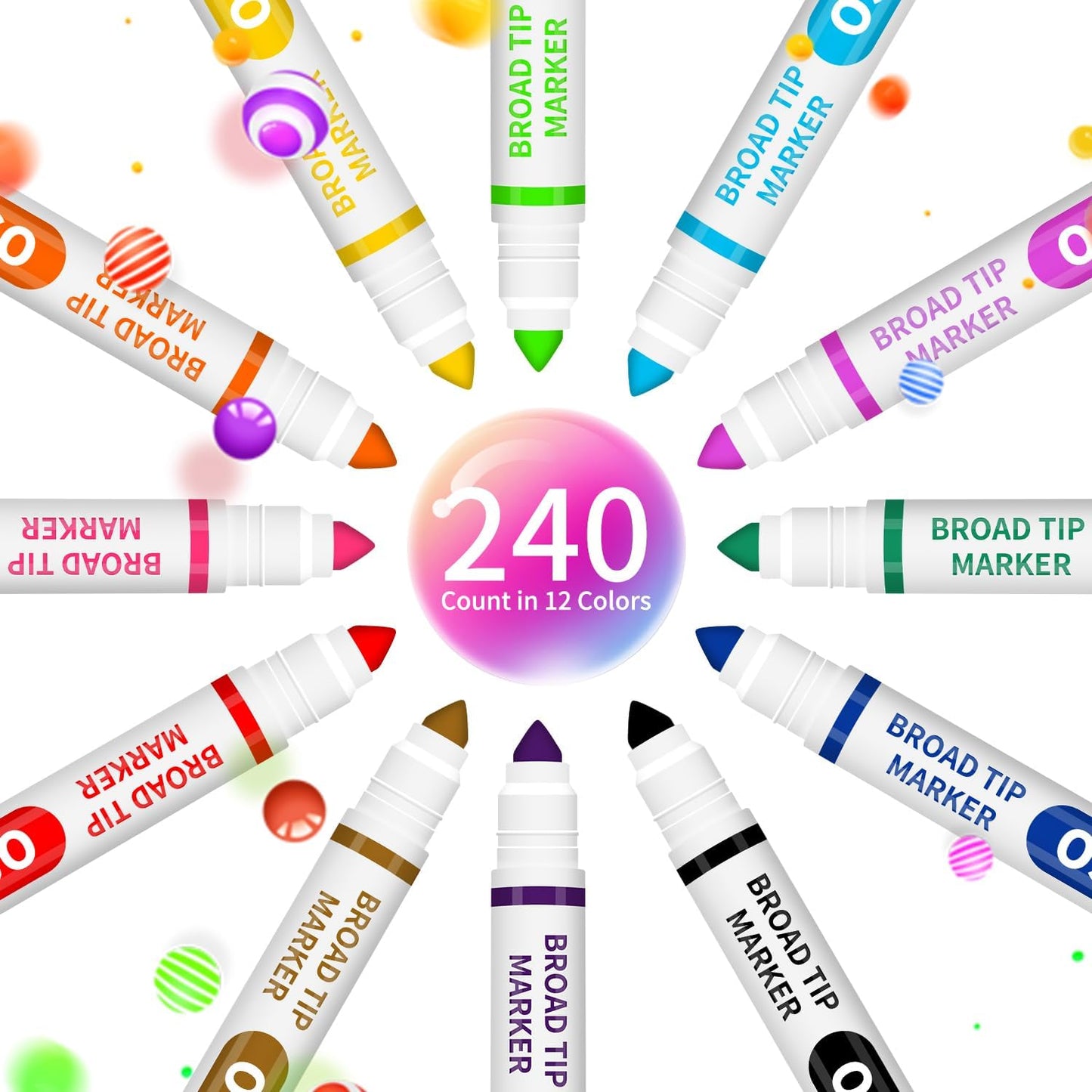 Washable Markers Bulk, 240 Count, 12 Assorted Colors, Markers for Classroom, Broad Line Conical Tip, Large Capacity, School Art Supplies for Kids