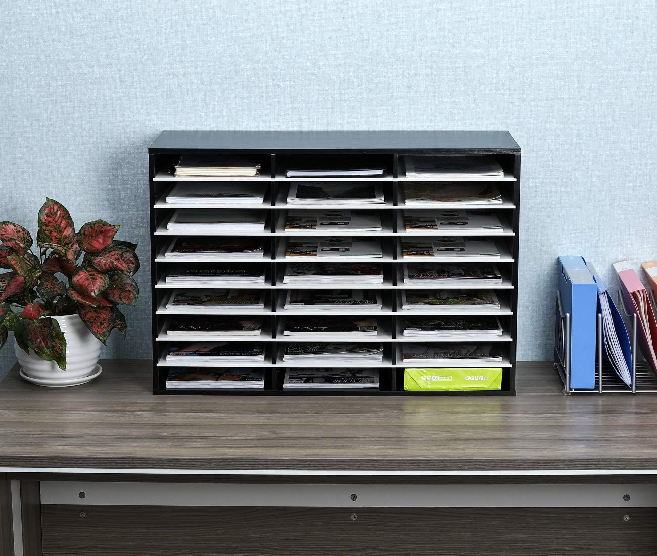 EasyPAG Mail Organizer Countertop, Wood Literature Organizer with Adjustable Shelves, Student Classroom Mailbox for School, Desktop Paper Sorter for Office Home, 27 Compartments, Black/White