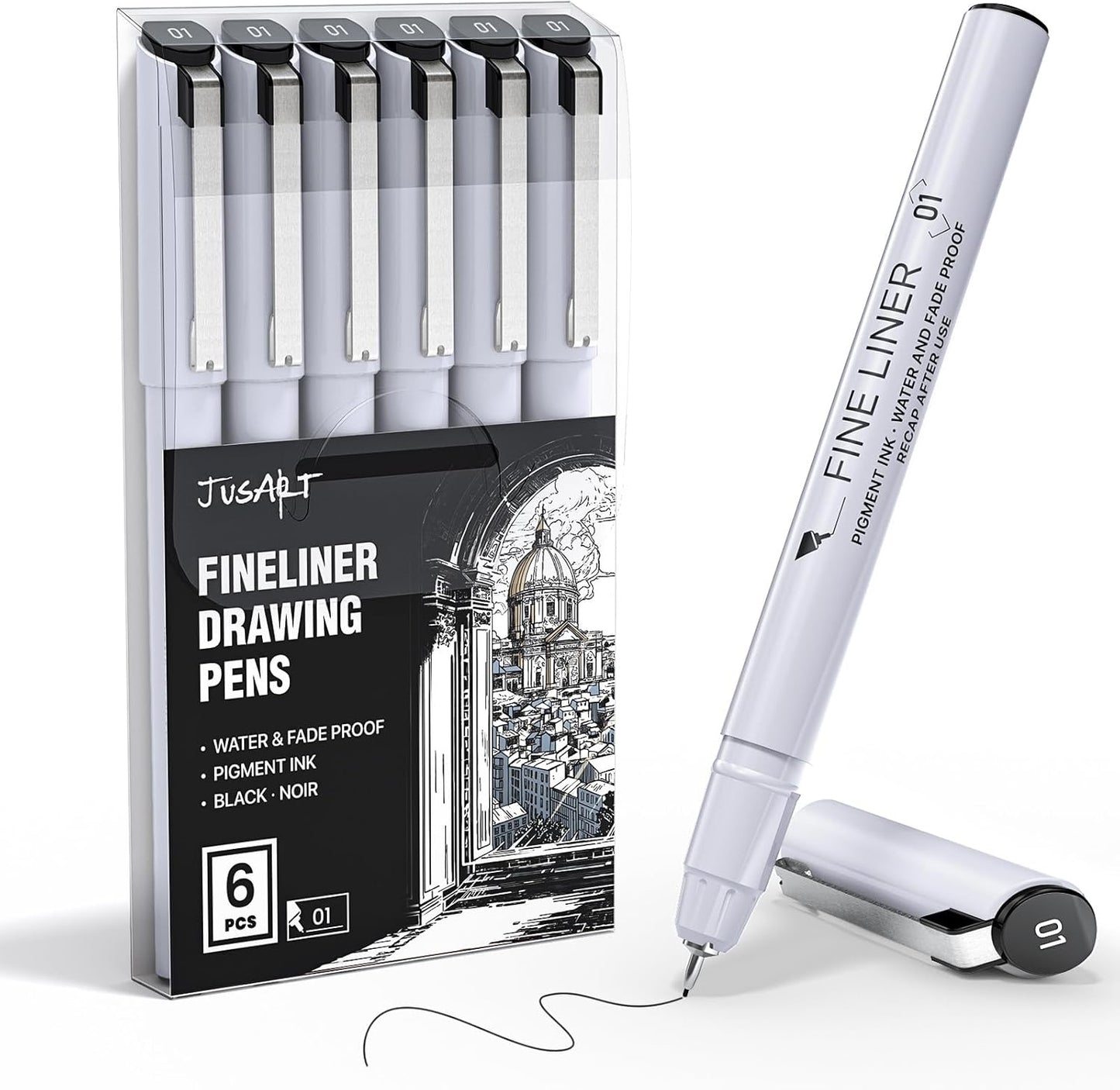 JusArt Fineliner Pens, 6 Pcs, 0.25mm Fine Point, No Bleeding, Waterproof Black Pigment Ink Pens for Artists Beginners, Illustration, Writing, Journaling, Crafters, Technical Drawing pens