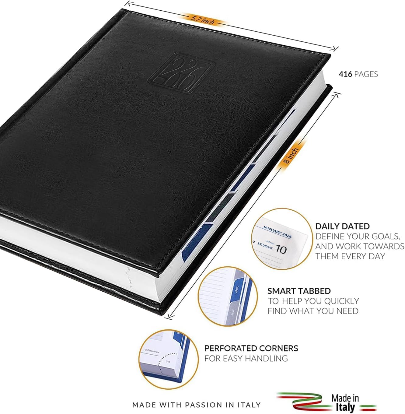 Daily Planner 2026 (5 x 7 in) - Made in Italy, Page a Day Hourly Agenda, 365 Pages, Monthly Tabs & Calendar, Jan-Dec Business Planner, Hardcover (BLACK)