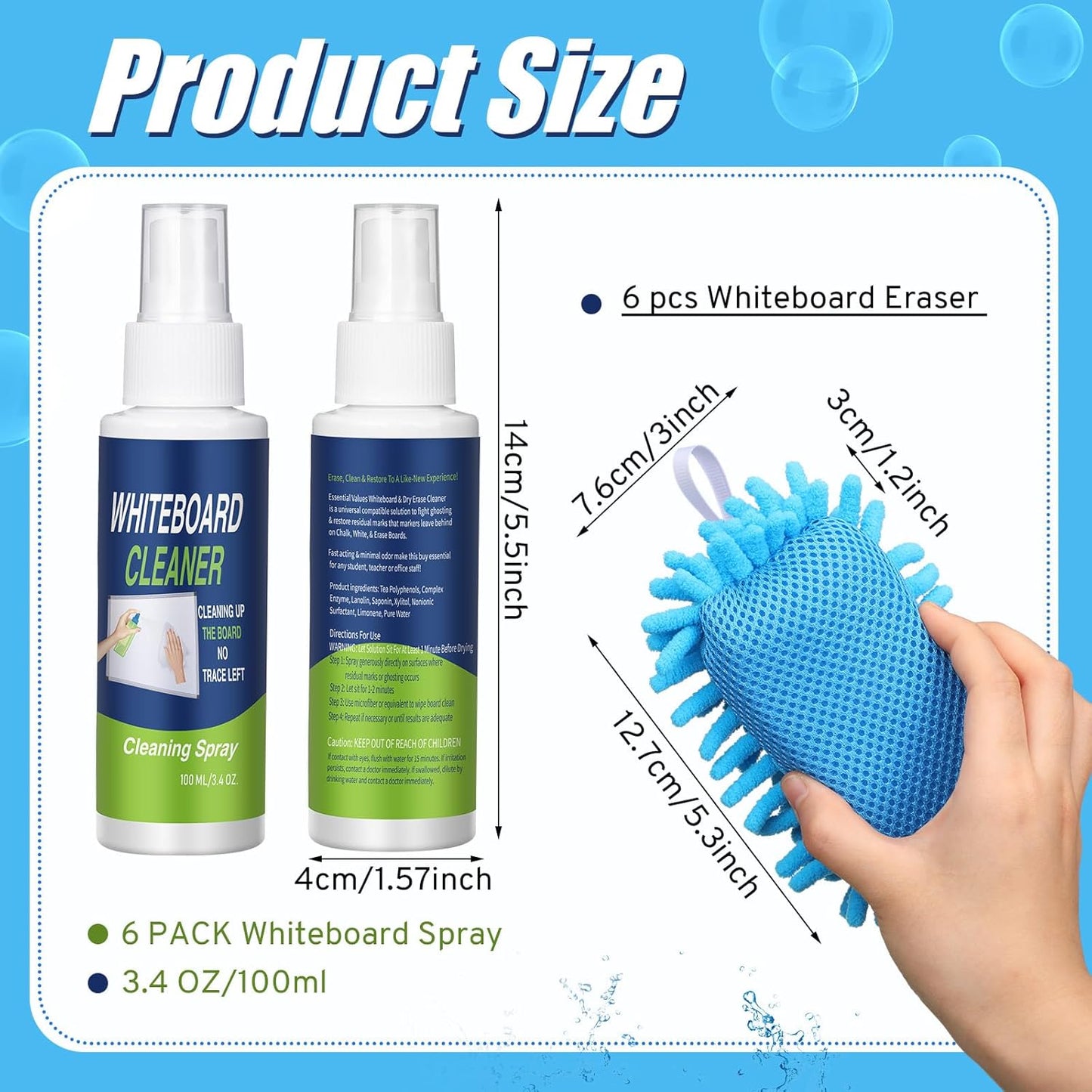 6 Pack Whiteboard Cleaner 3.4 Fl oz White Board Cleaning Spray Dry Erase Board Cleaner with Microfiber Shag Whiteboard Eraser Removes Stubborn Marks from Chalkboard(Magnetic)