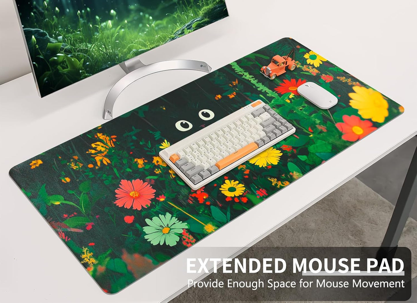 Bloss Wildflowers Mouse Pad,Large Floral Plants Desk Pads for Desktop,Cute Black Cat Leather Desk Mat for Keyboard and Mouse,Computer Laptop Desk Protector Mat for Office/Home/Women Gift,31.5" x 15.7"