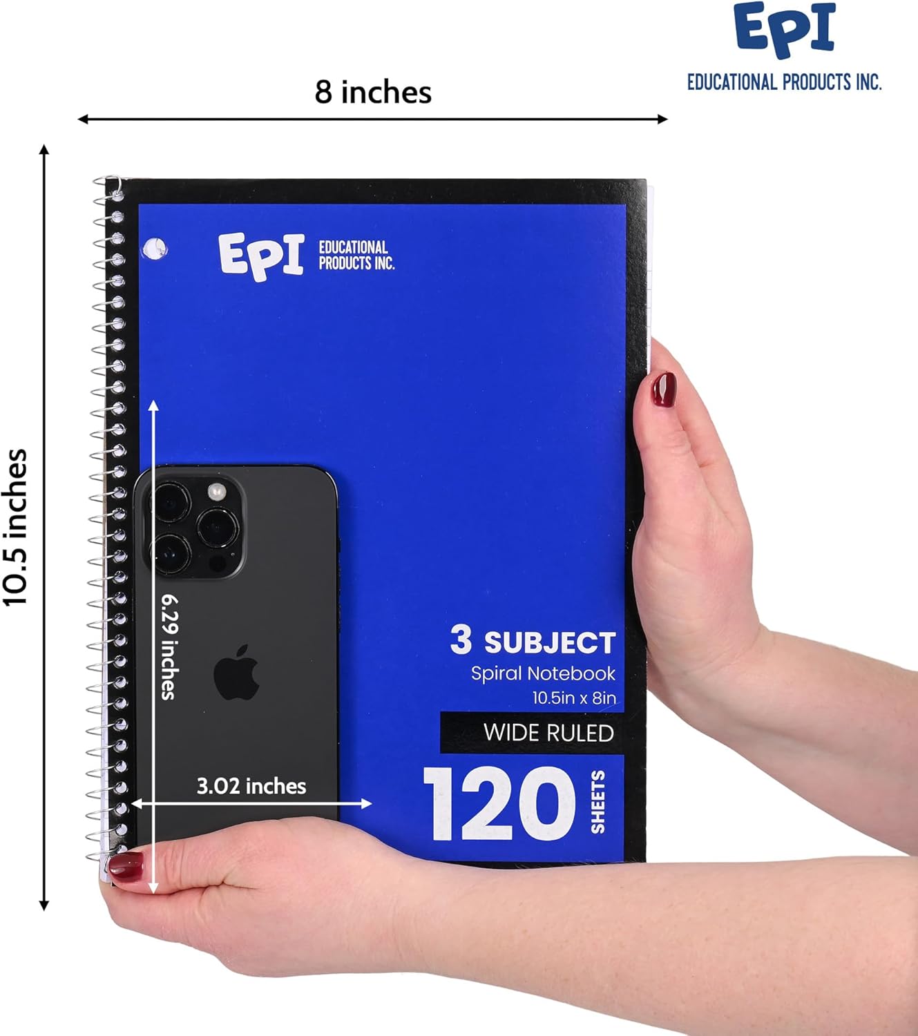EPI Spiral Notebook | 3 Subject - Wide Ruled - 120 Sheets, Durable Spiral Binding | 10.5 x 8 in | Classroom Supplies | School, Office, Note Taking, Journaling - 24 Pack