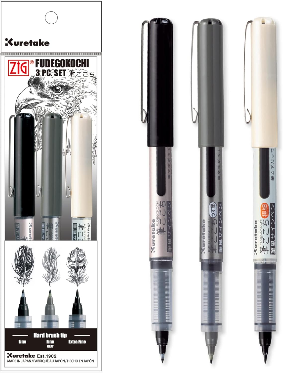 Kuretake Zig Inktober pen set, for Illustration, Manga Drawing, Lettering and Calligraphy, Professional Artist, Made in Japan (FUDEGOKOCHI(3pcs.))