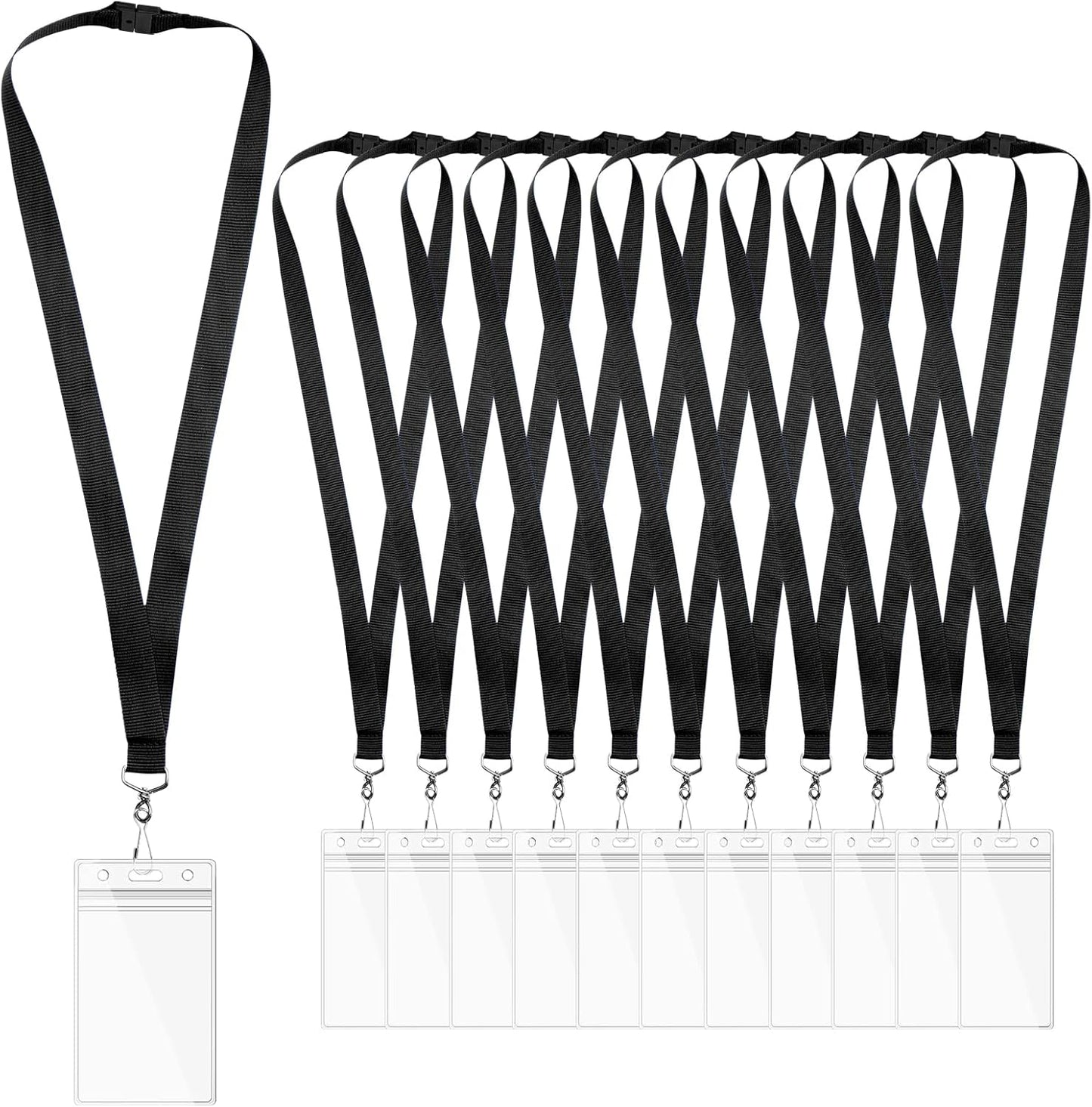 12 Pack Black Breakaway Lanyards with Waterproof Badge Holders, Metal Hook, Polyester Neck Straps for ID Cards, Events, Office, and Schools