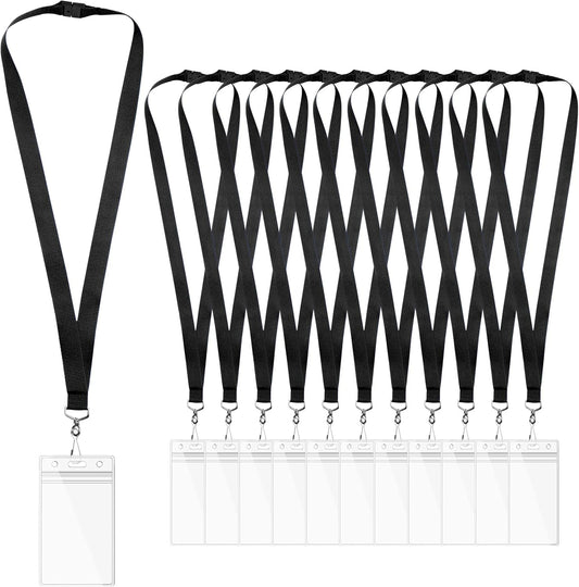 12 Pack Black Breakaway Lanyards with Waterproof Badge Holders, Metal Hook, Polyester Neck Straps for ID Cards, Events, Office, and Schools