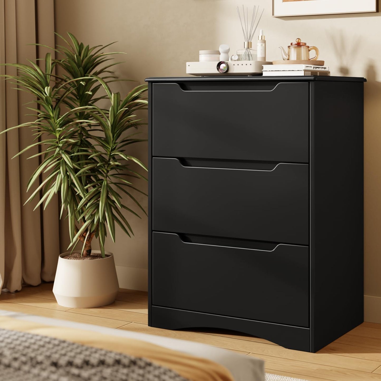 Gizoon 3 Drawer Chest, Chest of Drawers for Bedroom, Storage Organizer with Large Storage Space,Anti-Tip Device and Recessed Handles, Black