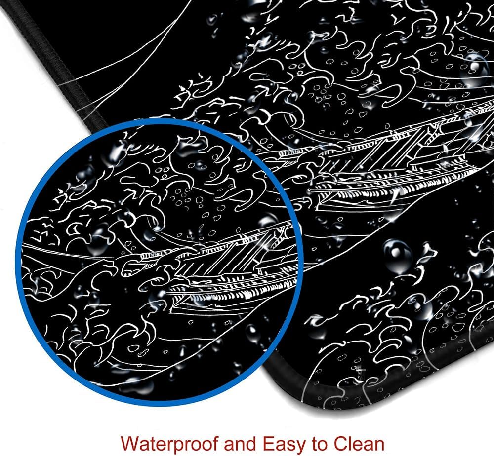Large Mouse Pad Gaming, Extended Mousepad with Stitched Edges, Non-Slip Rubber Base Keyboard Desk Mat Mouse Pads for Work, Game, Office, Home, 31.5 x 11.8 in, Black Wave of Kanagawa
