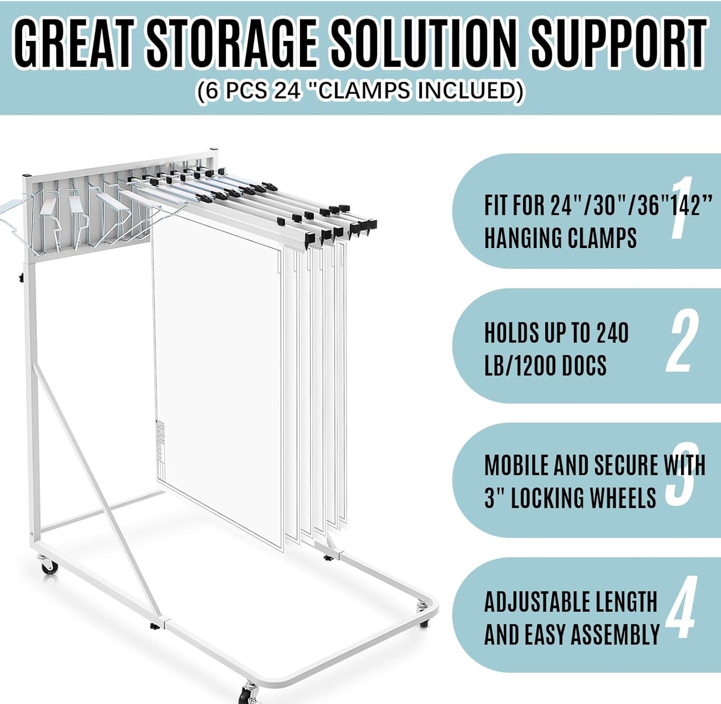 Estune Mobile Blueprint Holder Rack, Adjustable Mobile Blueprint Holder with 6 30 In Hanging Clamps 4 Wheels Poster Display Rack Storage Organizer Stand for File Display Plan Office Home(Silver)