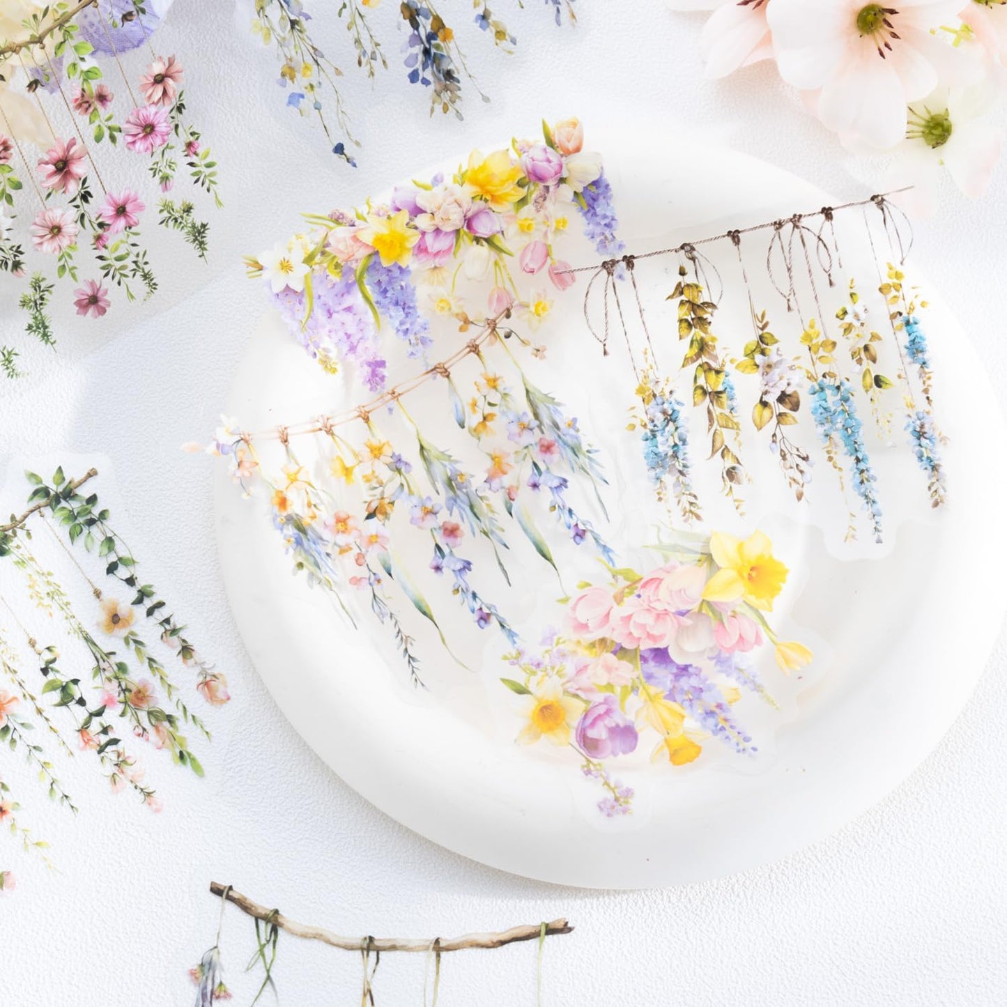 Hanging Floral PET Stickers Set, 60PCS Botanical Flower Stickers for Scrapbooking, Journaling, DIY Crafts, and Art Supplies