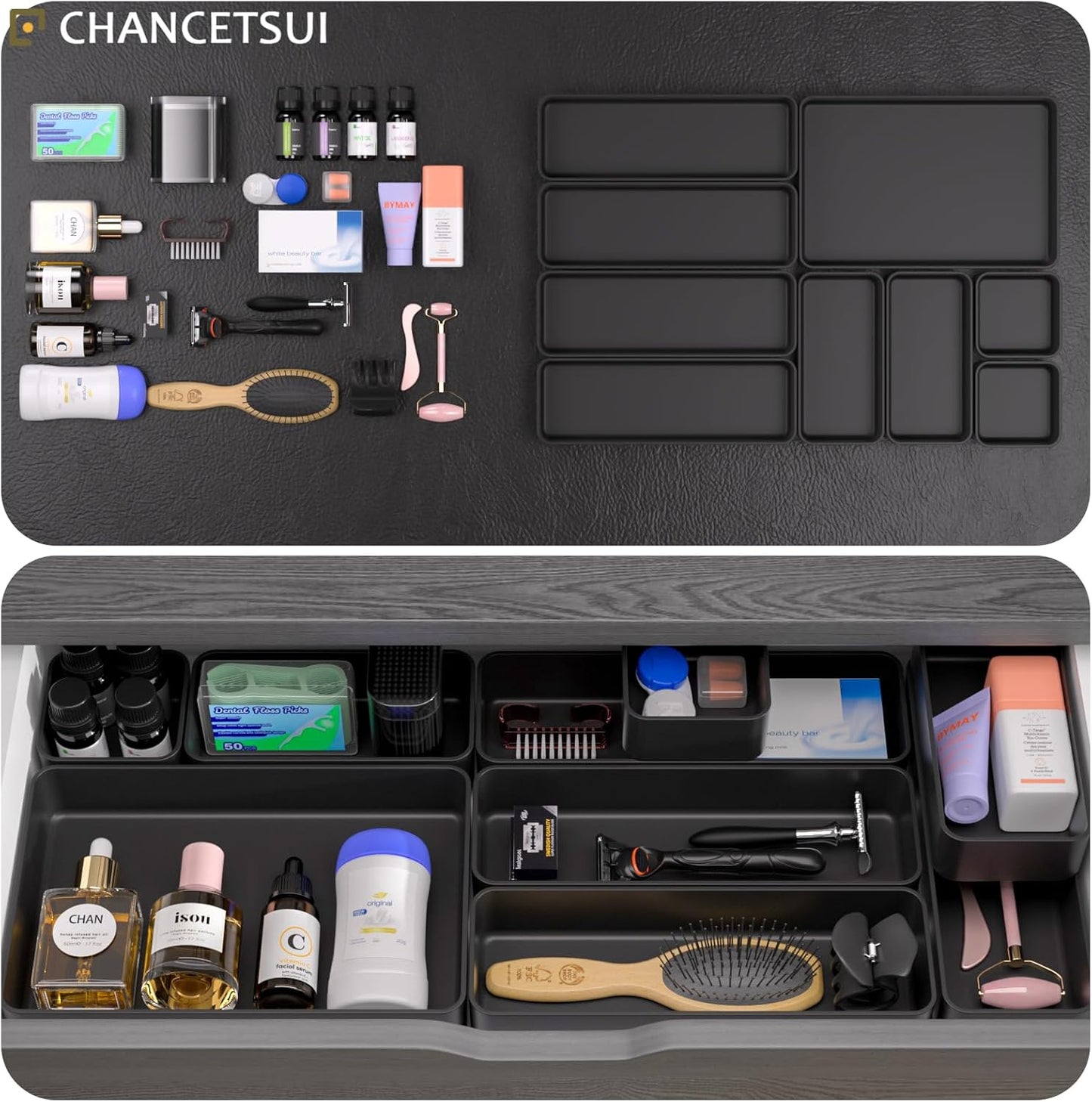 9 Pcs Stackable Drawer Organizer Trays Set, Multifunctional Stackable Storage Trays for Vanity, Bathroom, Kitchen, Desk Drawer Organizer Office. Plastic Drawer Organizers Available In 5 Colours, Black