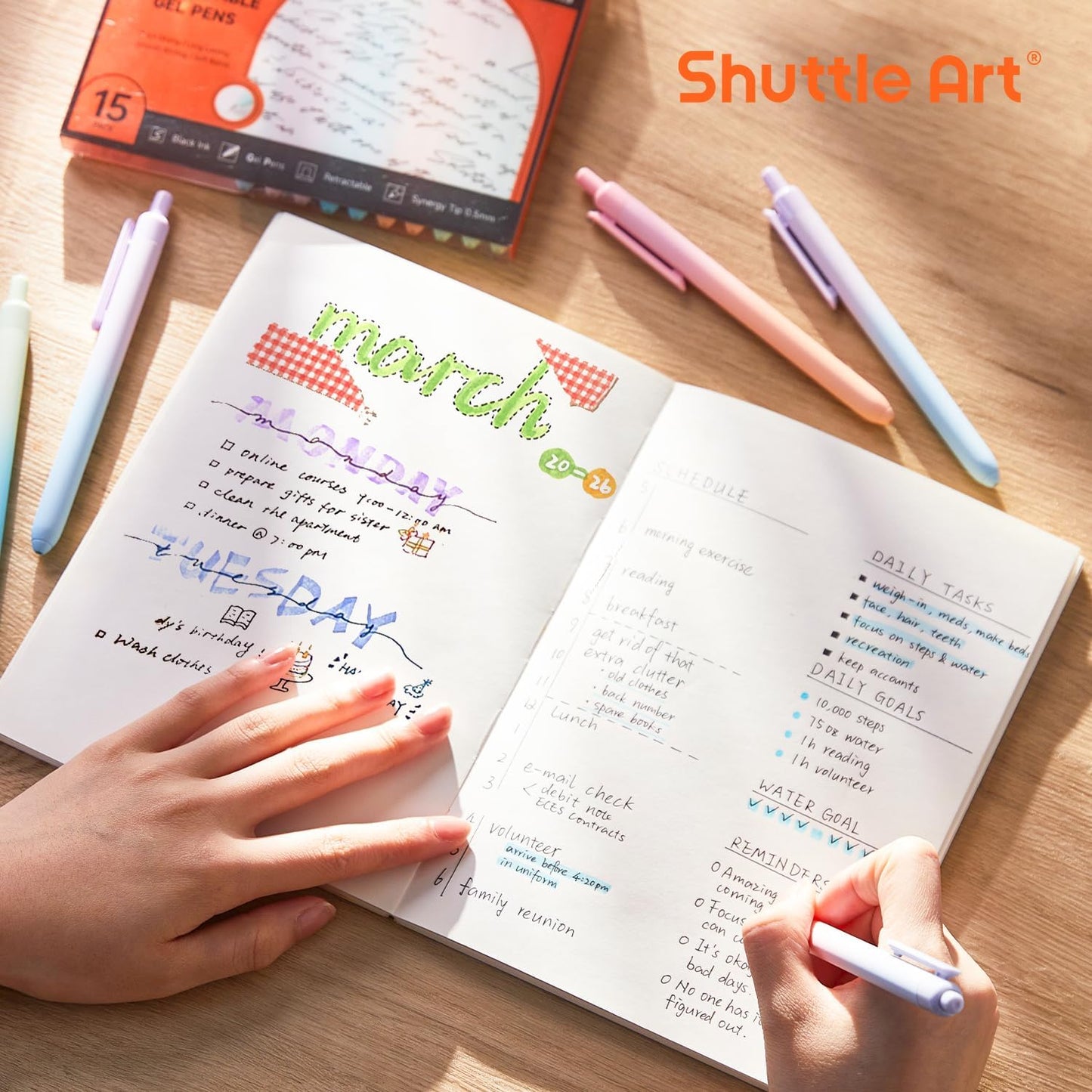 Shuttle Art Retractable Pastel Shifting Gel Ink Pens, 15 Pack Black Ink Pens, Cute Pens 0.5mm Fine Point Soft Aesthetic Barrel for Smooth Writing Journaling Taking Notes School Office Home