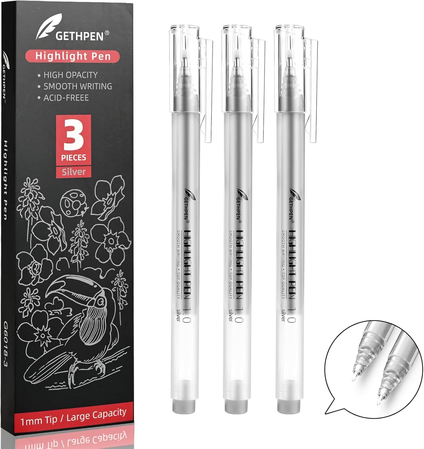 Silver Gel Pens, 3 Pack, 1mm Extra Fine Point Gel Ink Pen, Opaque White Archival Ink Pens for Black Paper Drawing, Sketching, Card Making