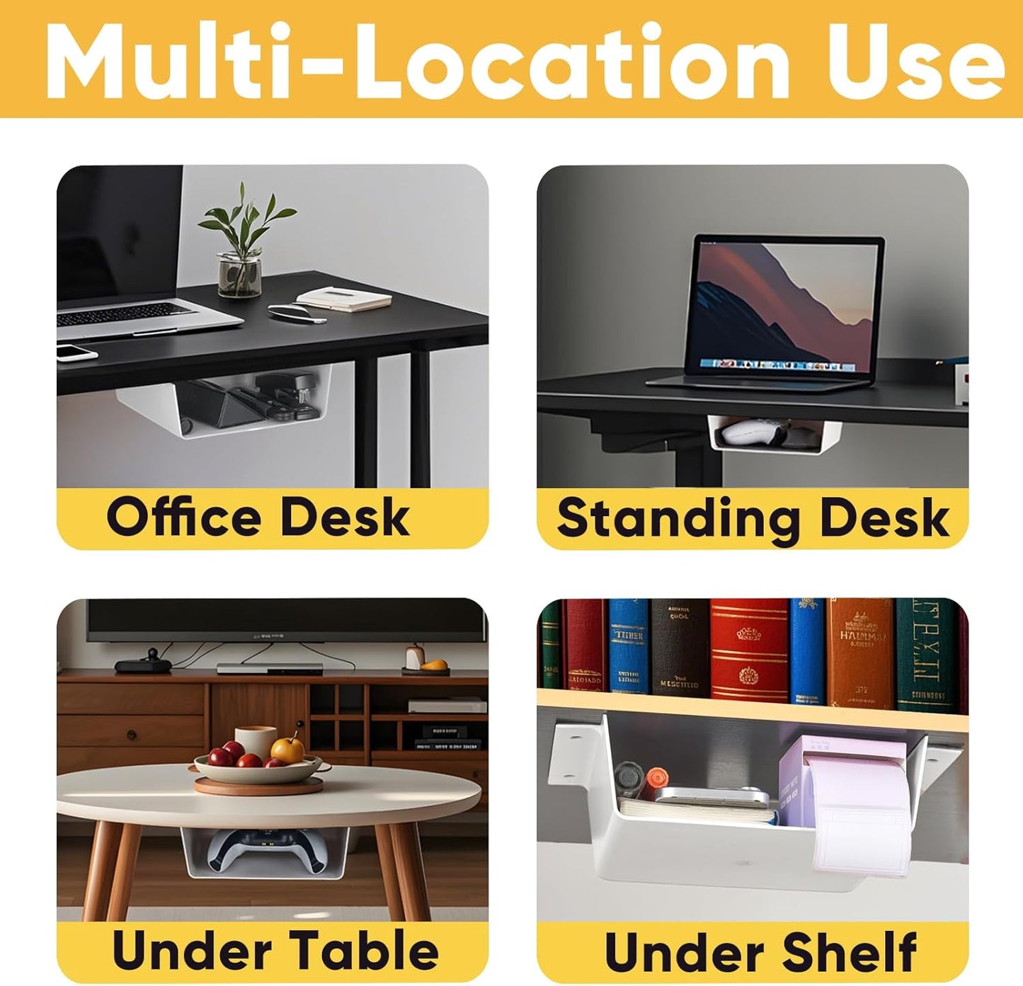 4 Pack Under Desk Hanging Shelf Drawer Organizer, Attachable Plastic Hidden Storage Tray, Easy Adhesive Mount Holder for Standing Tables, Office, Counters, Cabinets, Workstations - White