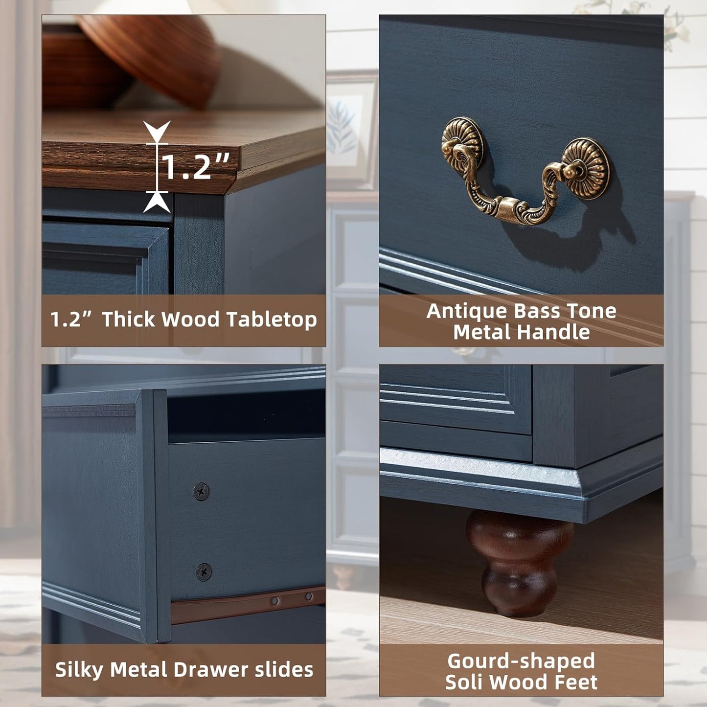 Farmhouse 4 Drawer Dresser for Bedroom, 37" Tall Rustic Chests of Drawers w/ 4 Solid Wood Feet, Mid Century Modern Wooden Closet Storage Dressers Organizer for Living Room, Hallway, Navy Blue