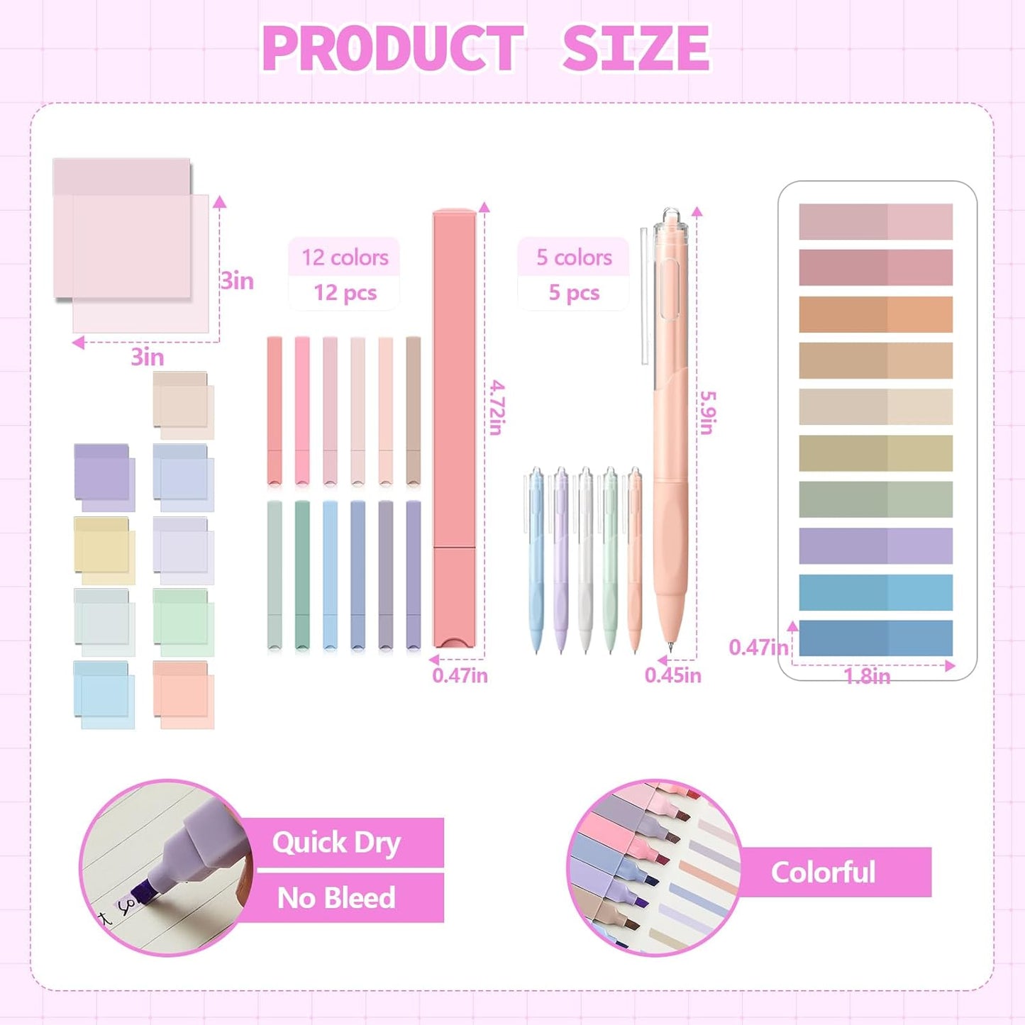 Jutom 39 Pcs Aesthetic Book Annotation Kit Highlighter with Pencil Case Bag Gel Pen Transparent Sticky Note Taking Bible Study College School Supplies(Light Purple,Classic Style)