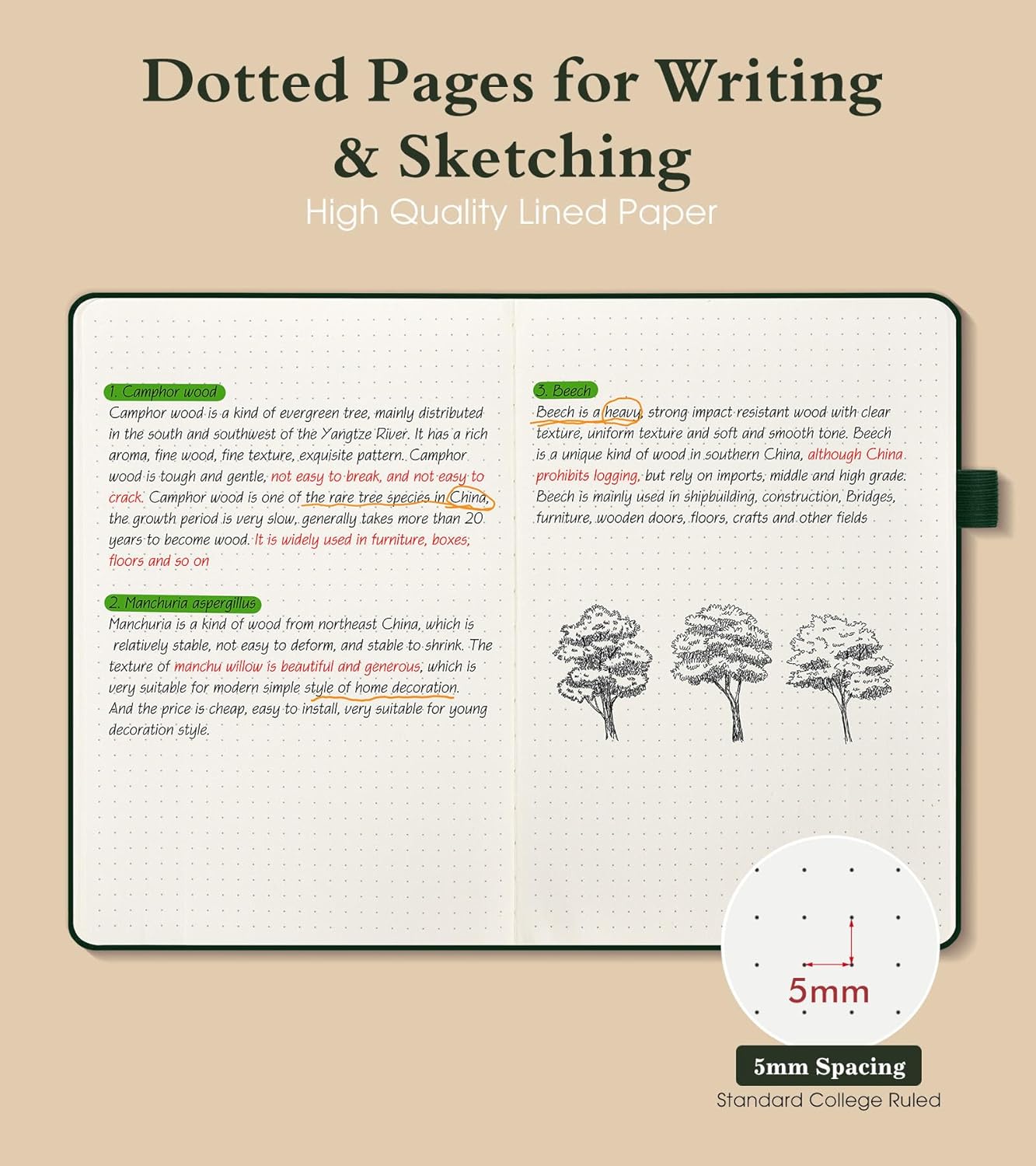 Dotted Journal Notebook for Women Men, 160 Pages Dot Grid Paper,Inner Pocket, A5 Hardcover Vintage Leather Notebooks for School, Work, Travel, Note Taking，Bullet Journaling 5.8"x8.5" (Green)