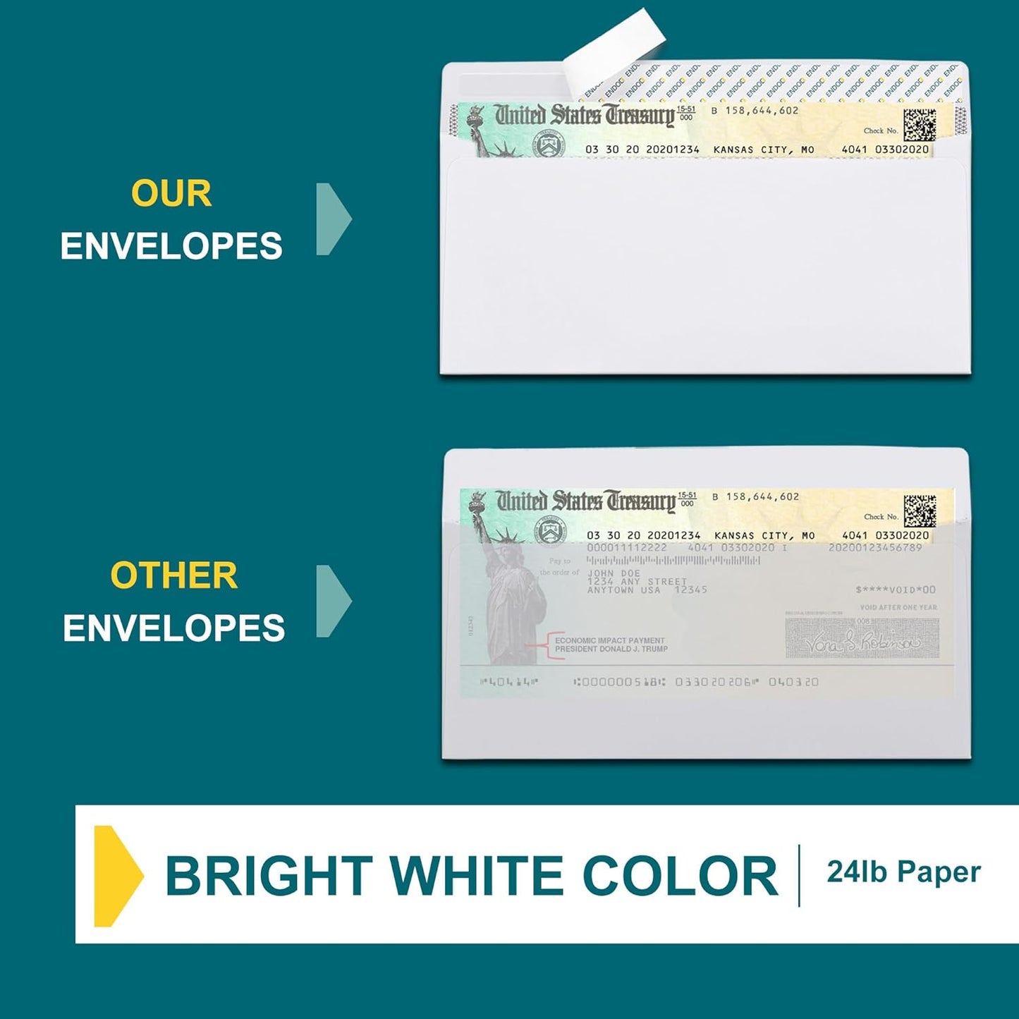 EnDoc 500#8 Double Window Check Envelopes Self Seal, 3 5/8 x 8 5/8" Security Envelopes for QuickBooks Checks, Business Envelopes with Privacy Tinted Pattern, Bright White 24lb Paper