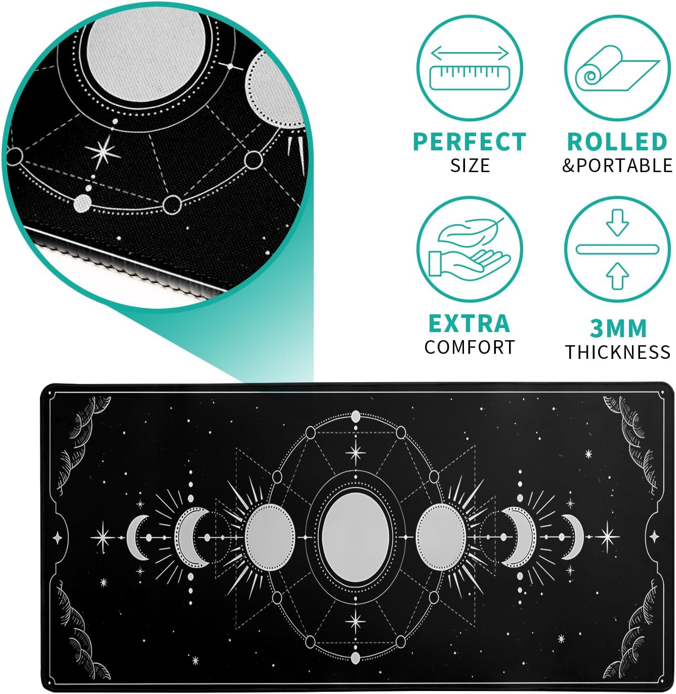 Sun Moon Gaming Mouse Pad Black Large Mouse Pad for Keyboard and Mousepad Desk Mat with 3mm Non-Slip Base and Stitched Edge for Gaming and Office Computer Mat Protector Mat 27.6x11.8 Inch