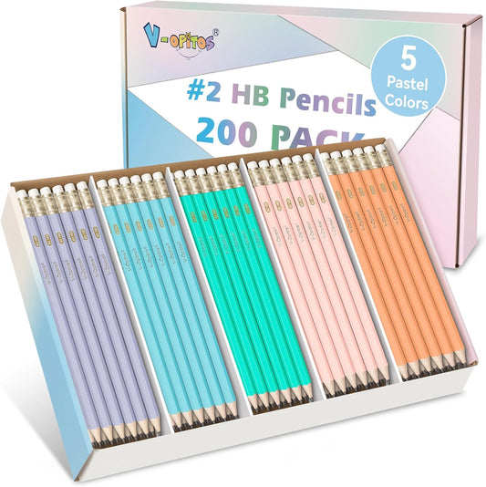 V-Opitos 200 Pack #2 HB Pencils, Bulk Wood-Cased Pre-Sharpened Pastel Color Pencils with Top Erasers, School Teacher Supplies, Writing, Drawing and Sketching