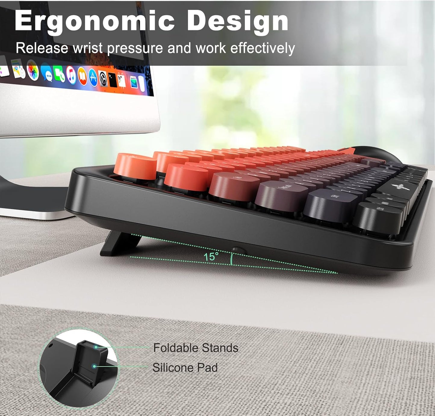 FOPETT Wireless Keyboard and Mouse Combo - 2.4G Full-Sized Cute Colorful Mouse and Keyboard with 104 Round Keys Retro Typewriter Keyboard for Laptop/Windows/PC - Orange Gradient