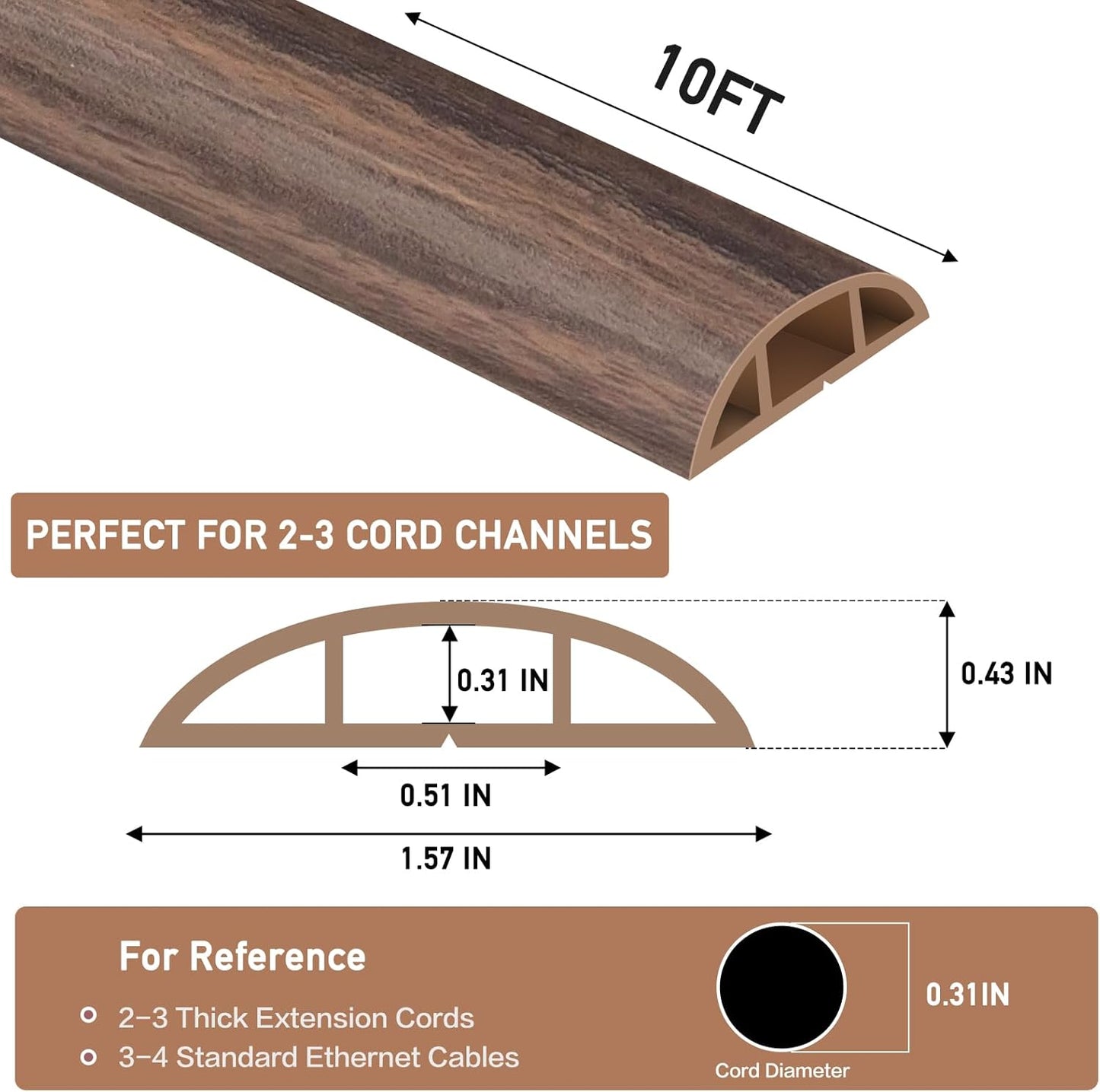 Floor Cord Cover Self Adhesive Cord Hider Floor Extension Cord Covers for Floor Power Cord Protector Cable Management Prevent Cable Trips Cable Cavity 0.51" W x 0.31" H (Smoked Brown Wood, 10Ft)