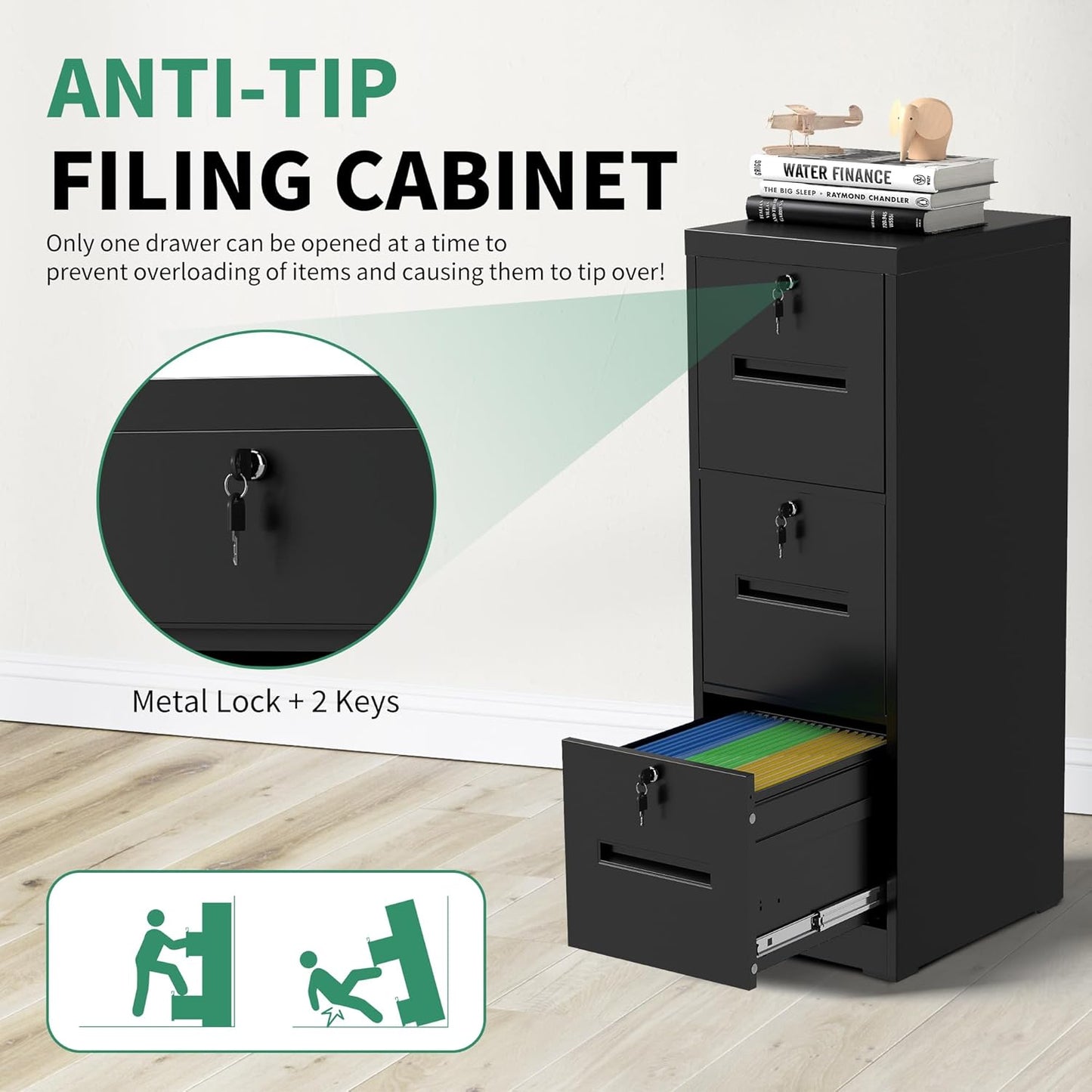 File Cabinet 3 Drawer with Lock, Vertical Filing Cabinets for Home Office, Metal Steel Storage Cabinet for Letter/Legal Size File, Assembly Required(Black)