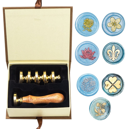 Flower Wax Seal Stamp Set with 7 PCS Removable Brass Heads and 1 Wooden Handle - Sunflower, Three Flowers, Lotus, Cherry Blossoms Sealing Wax Stamp for Cards & Invitations