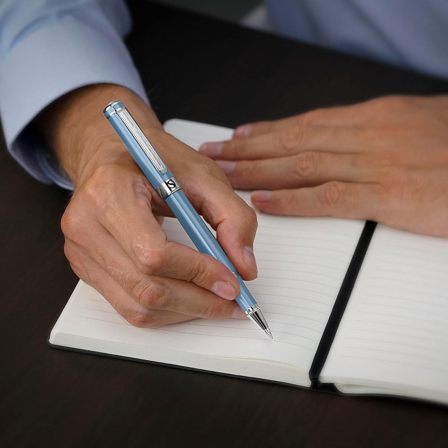 Scriveiner Sky Blue Rollerball Pen - Stunning Luxury PenWith Chrome Finish, Schmidt Ink Refill, Best Roller Ball Gift Set for Men & Women, Professional, Executive Office, Nice Pens