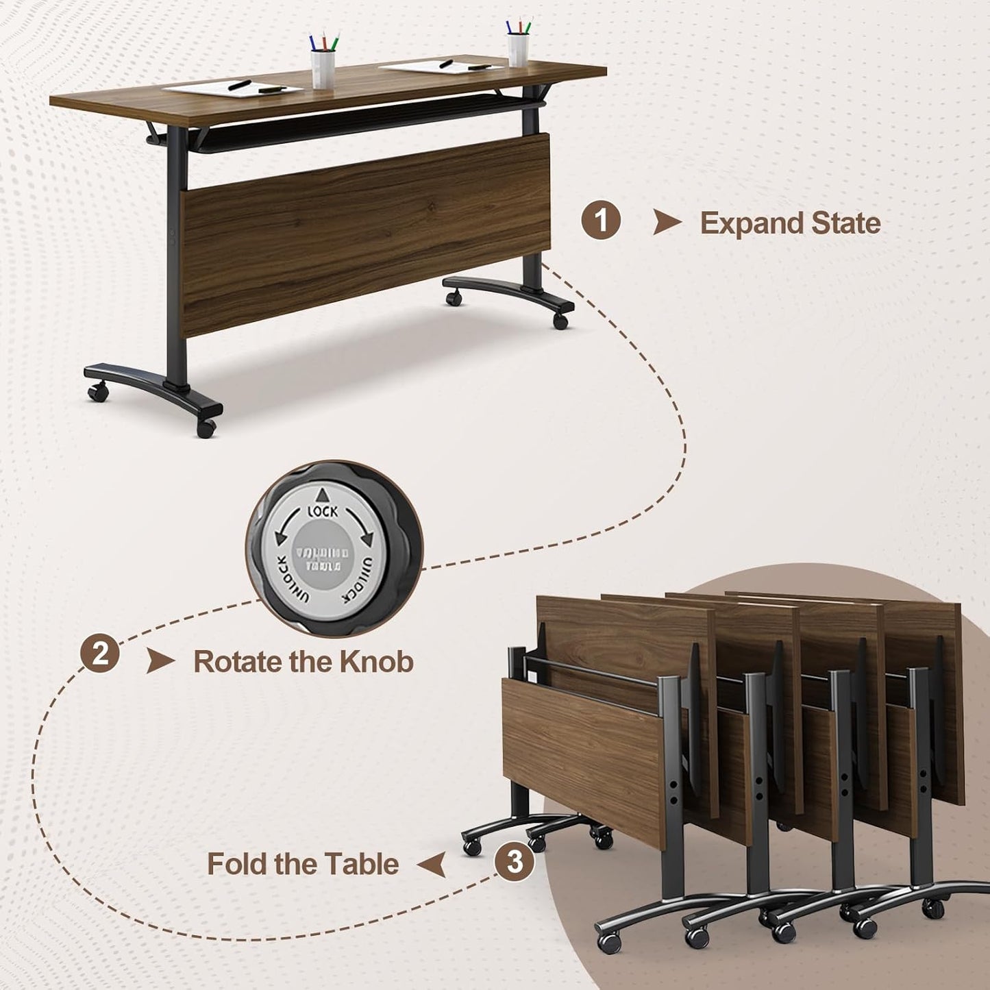 Folding Conference Room Table, Modern Conference Tables with Wheels, Large Rectangular Mobile Training Tables for Office Classroom, Foldable Modular Boardroom Seminar Table Walnut (6pack L55.1in)