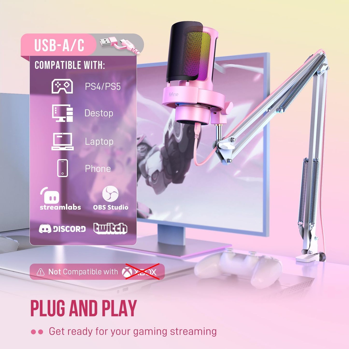 FIFINE USB Streaming Microphone with Boom Arm, Gaming Mic Kit for PC PS4/PS5, Podcast Microphone for Podcast with RGB Control, Mute Button, Gain Knob, Headphones Jack, Pop Filter-A8T Pink