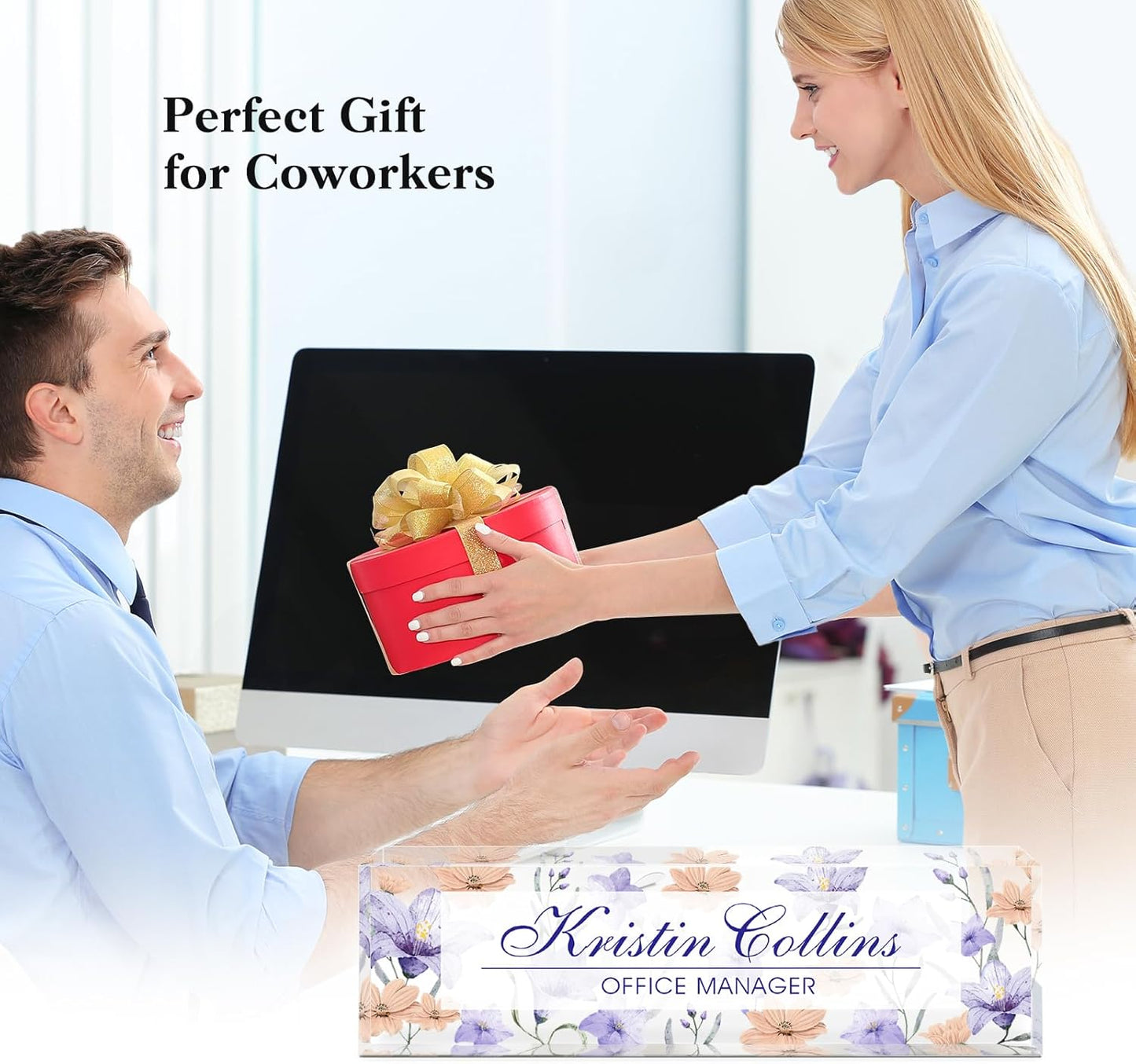 Custom Name Plate for Desk, Acrylic Office Decor For Women Men, Personalized Office Desk Accessories, Teacher Employee Appreciation Gifts For Social Worker Boss Coworkers (Flowers-5)