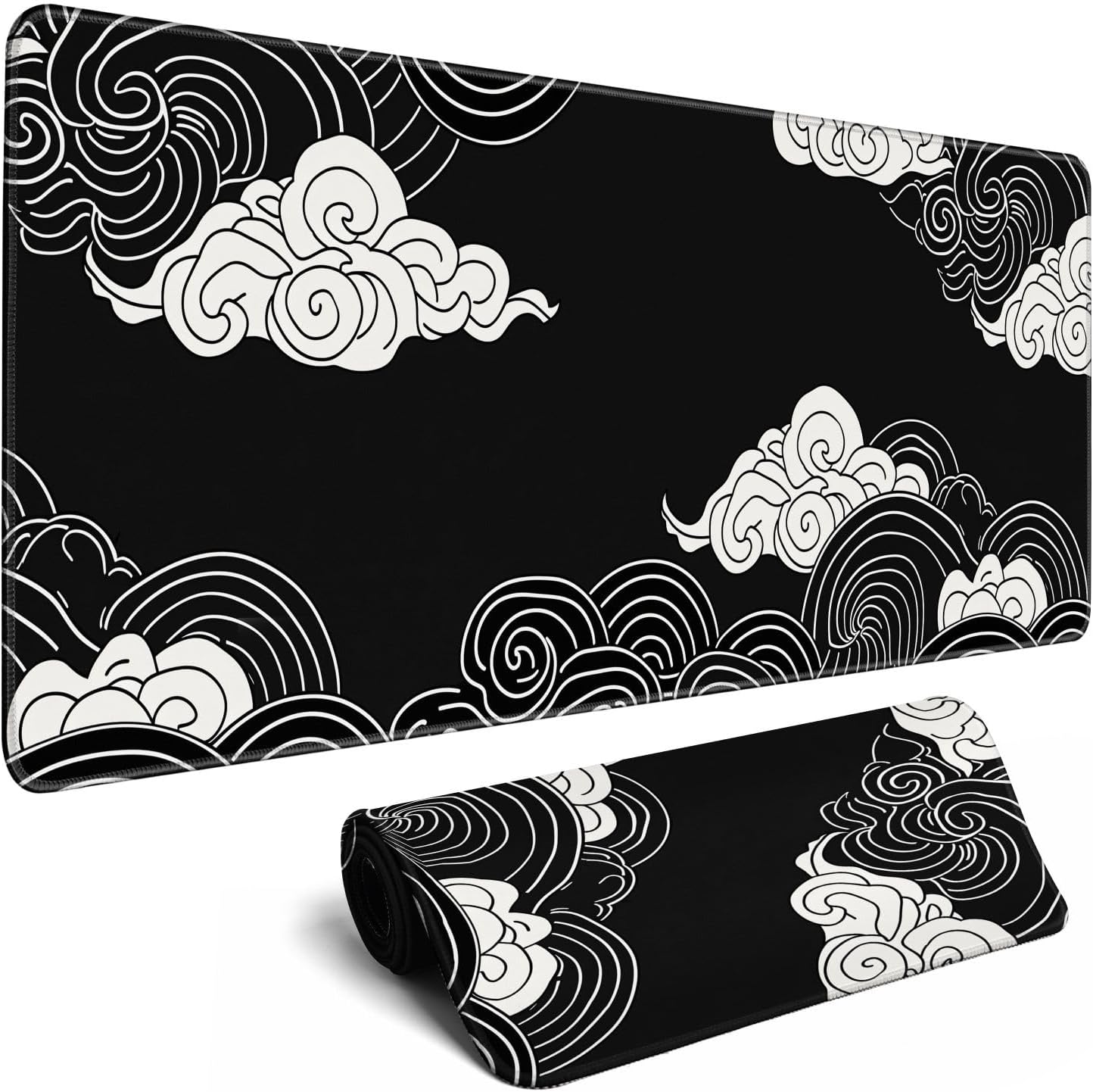 Black and White Mouse Pad Japanese Clouds Mouse Pad XL Anime Big Mouse Pads for Desk Large Gaming Large Mouse Pad for Men Desk Pad with Stitched Edges Non-Slip Large Computer Mat, 31.5x11.8 in