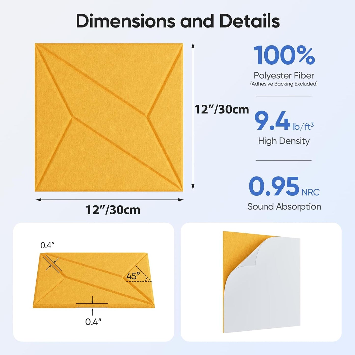 12 Pack 12" X 12" X 0.4" Acoustic Panels for Wall Sound Absorbing, P-Stripes Square Self-Adhesive Sound Panels, High Density Suitable for Multiple Scenarios(Orange)