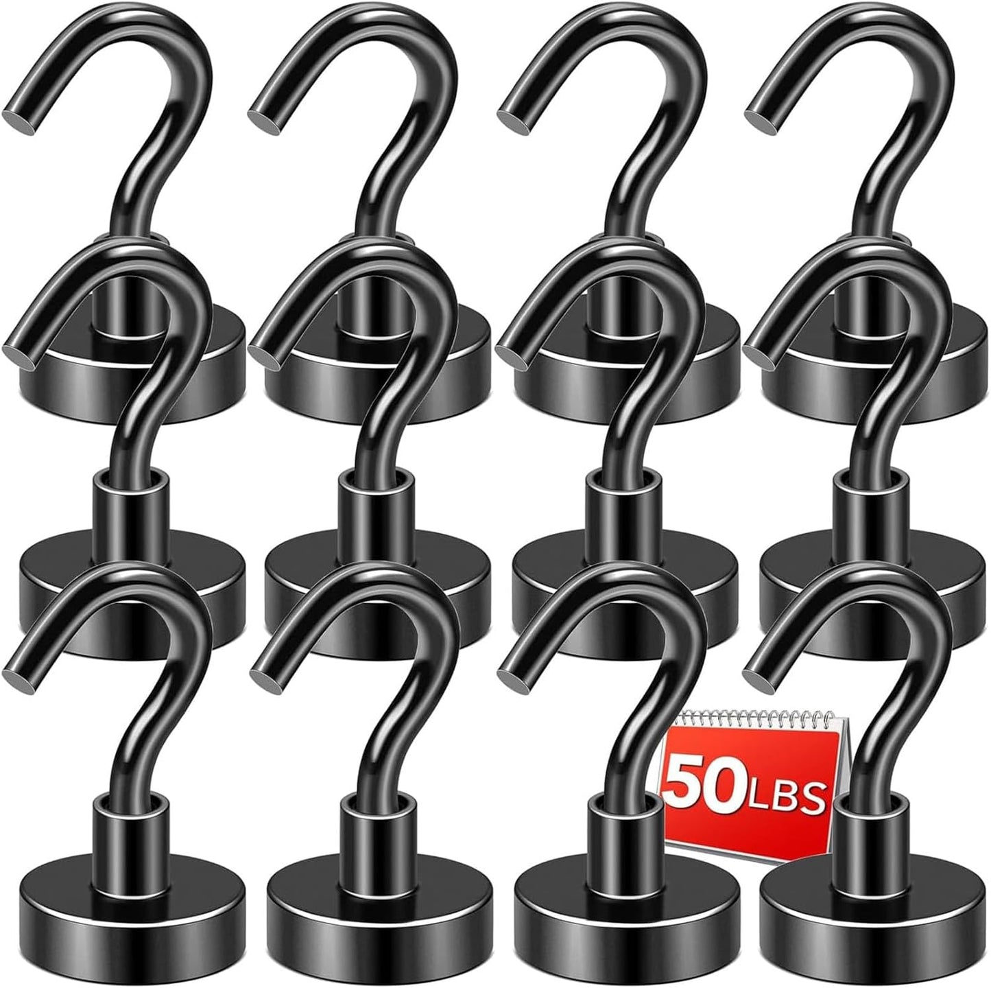DIYMAG Black Magnetic Hooks, 50 LB Heavy Duty Strong Magnets with Hook, Rare Earth Neodymium Magnet for Cruise Cabins Ship Essentials 12 Packs
