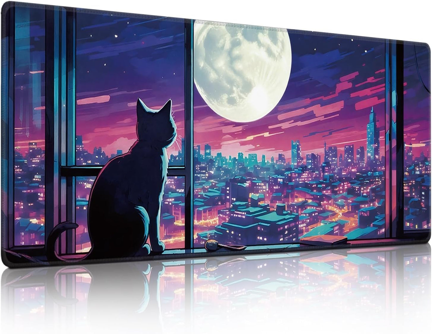 Cool Purple Moom Cat Mouse Pad, City Cats Busy Night Scene Mousead - Large Non-Slip Desk Mat for Office, PC, Laptop - 35.5"x15.7" x 3mm