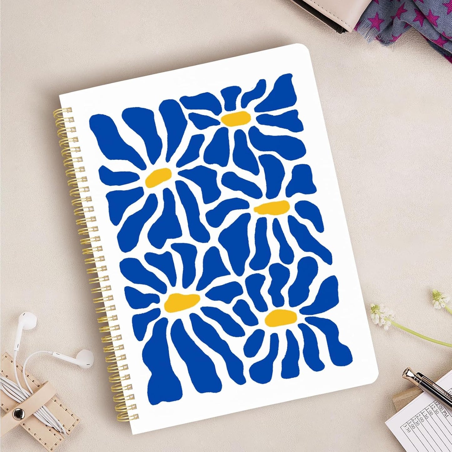 Cute Spiral Notebook journal A4 Aesthetic Pretty Design for Women Girls Kawaii with Pocket, 8.5 x 11 inch, Lined, Blue Flower